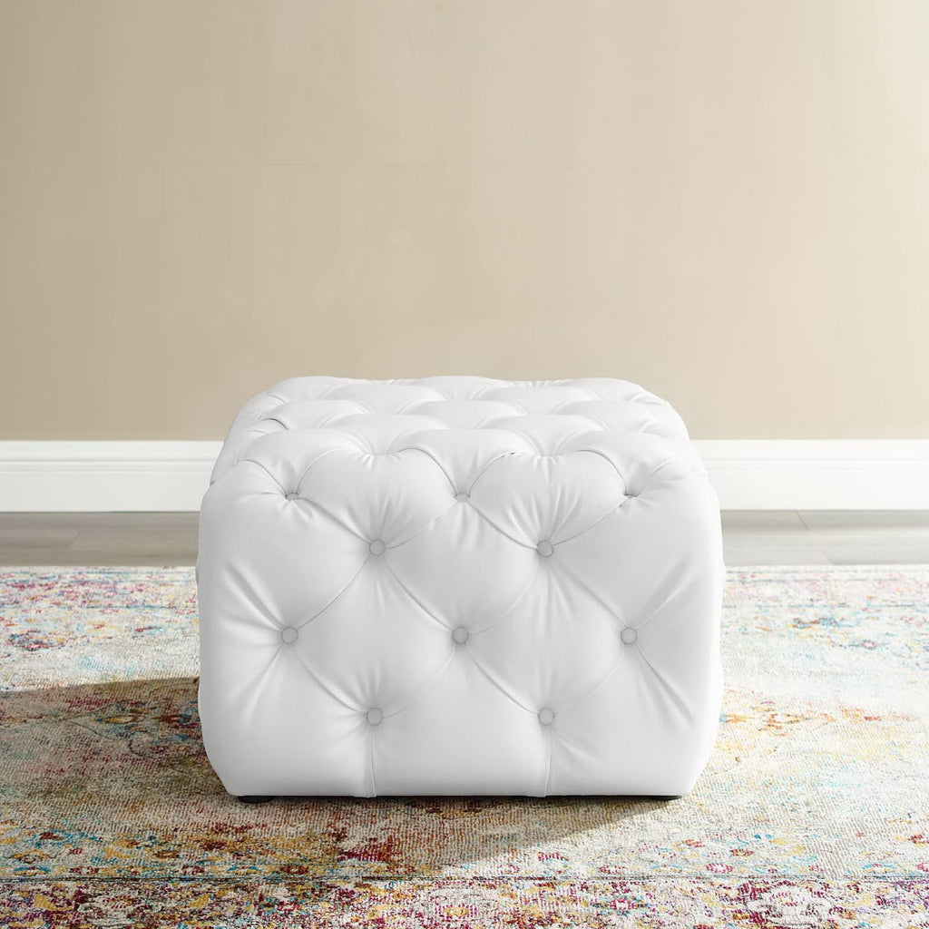 Amour Tufted Button Square Faux Leather Ottoman - White