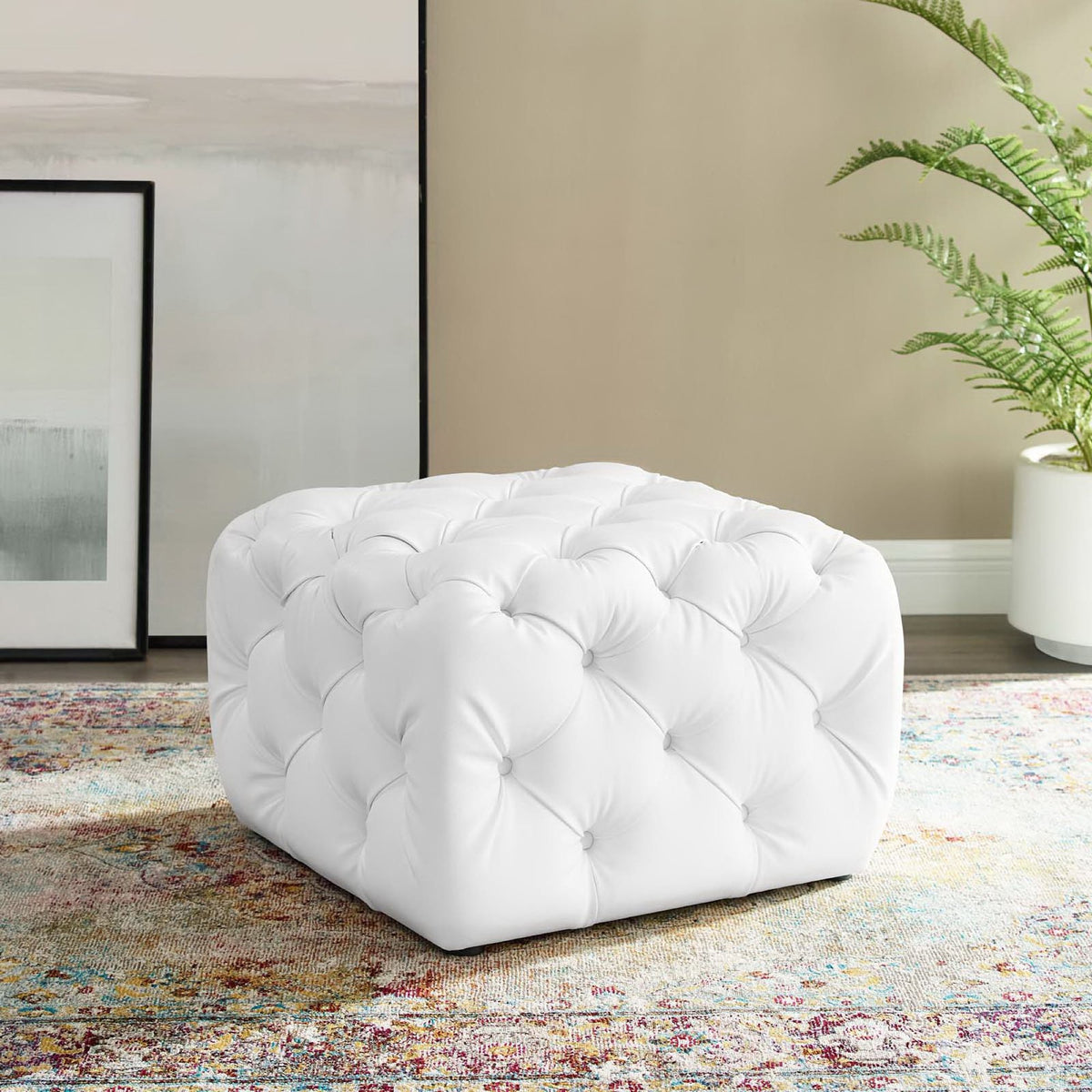 Amour Tufted Button Square Faux Leather Ottoman - White