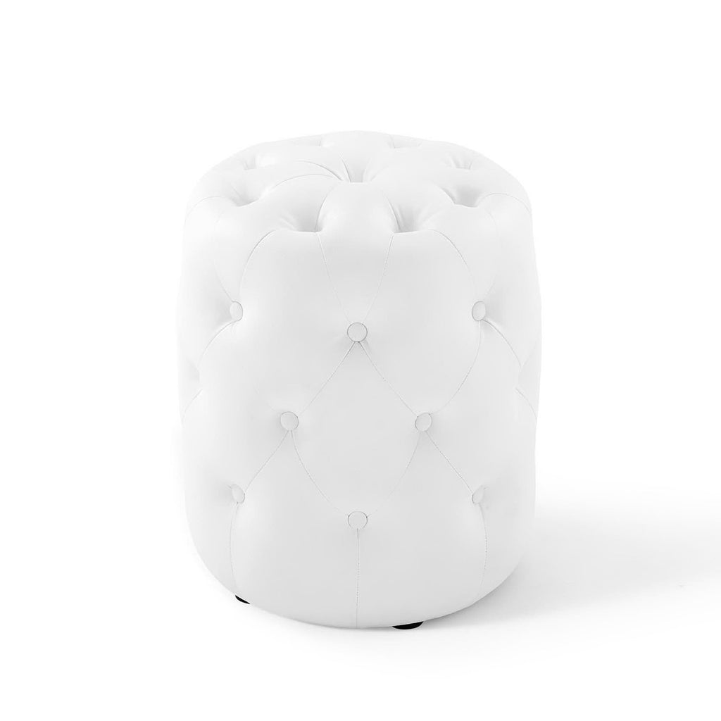 Amour Tufted Button Round Faux Leather Ottoman - White