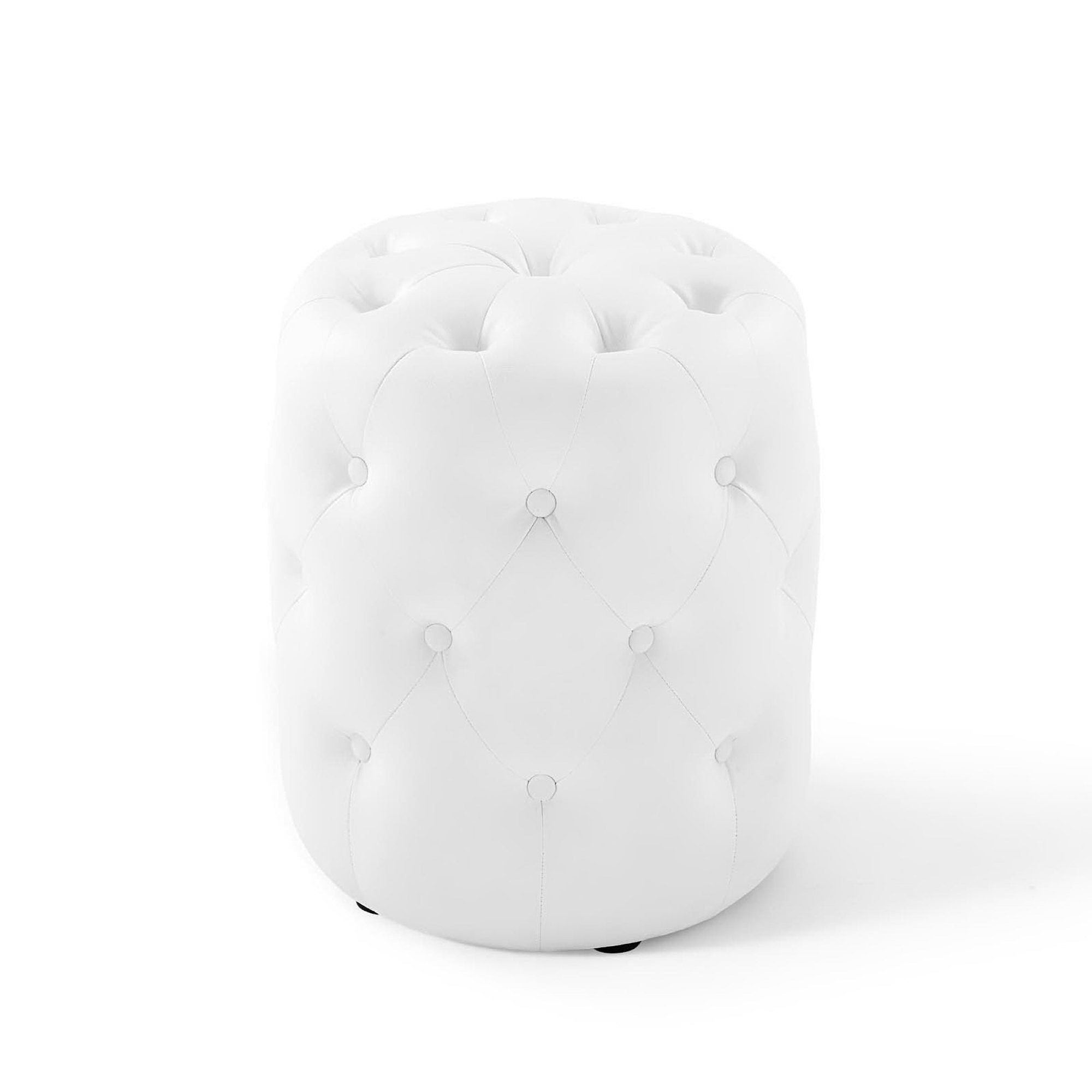 Amour Tufted Button Round Faux Leather Ottoman - White