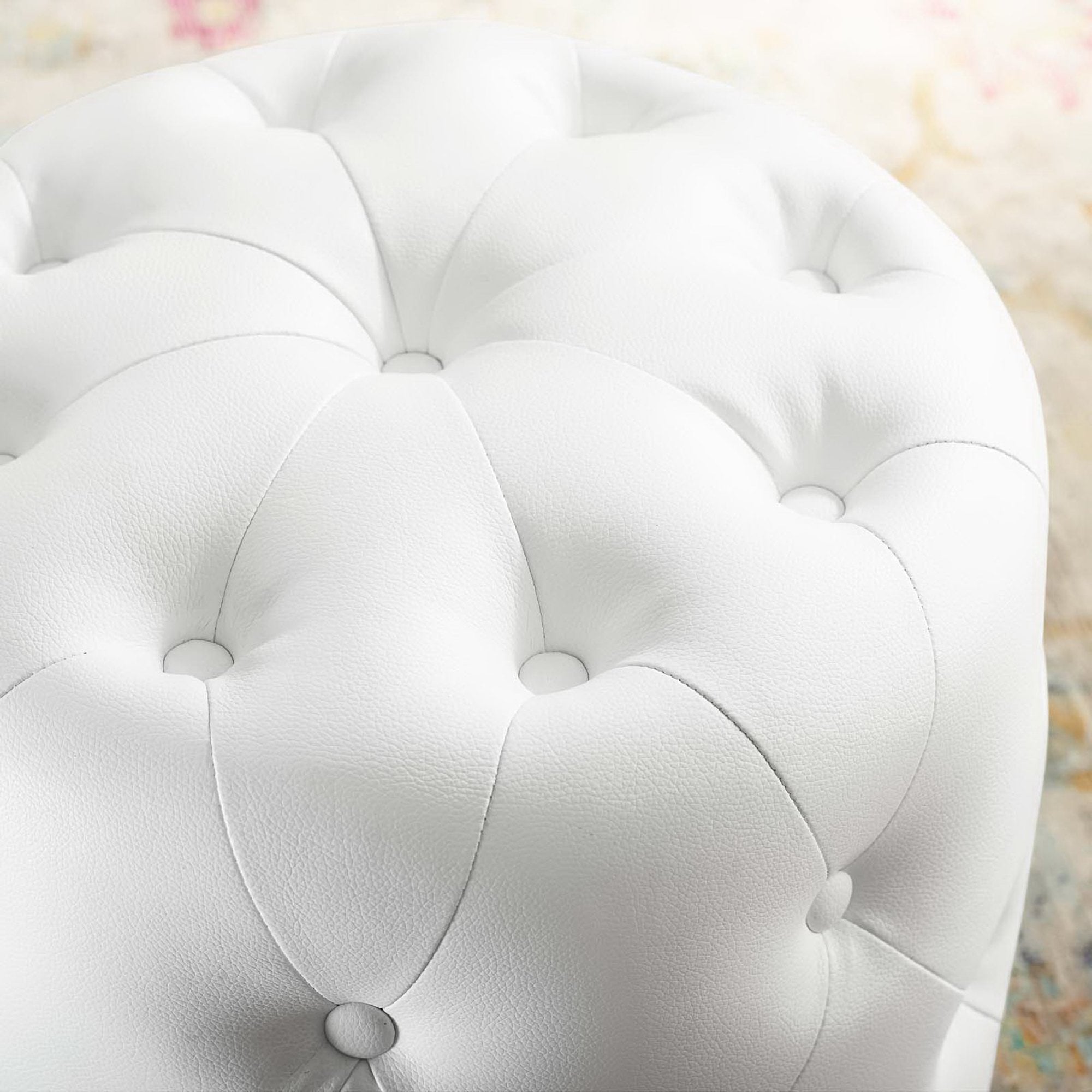 Amour Tufted Button Round Faux Leather Ottoman - White