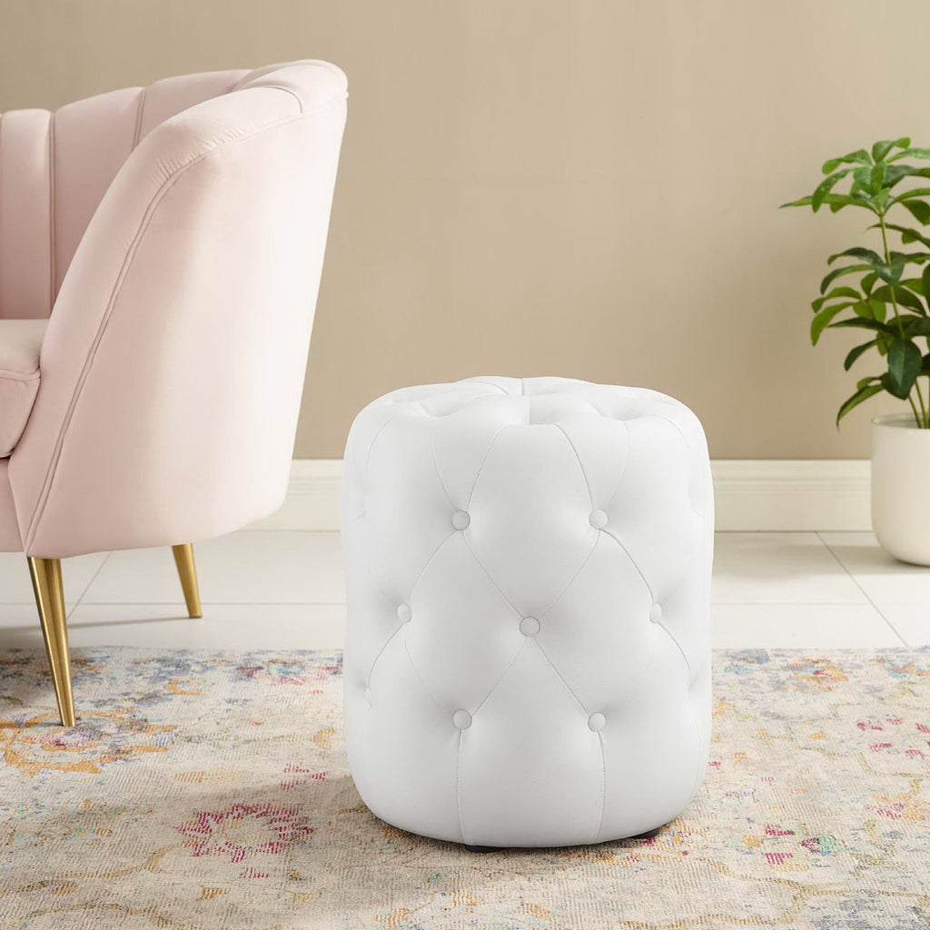 Amour Tufted Button Round Faux Leather Ottoman - White