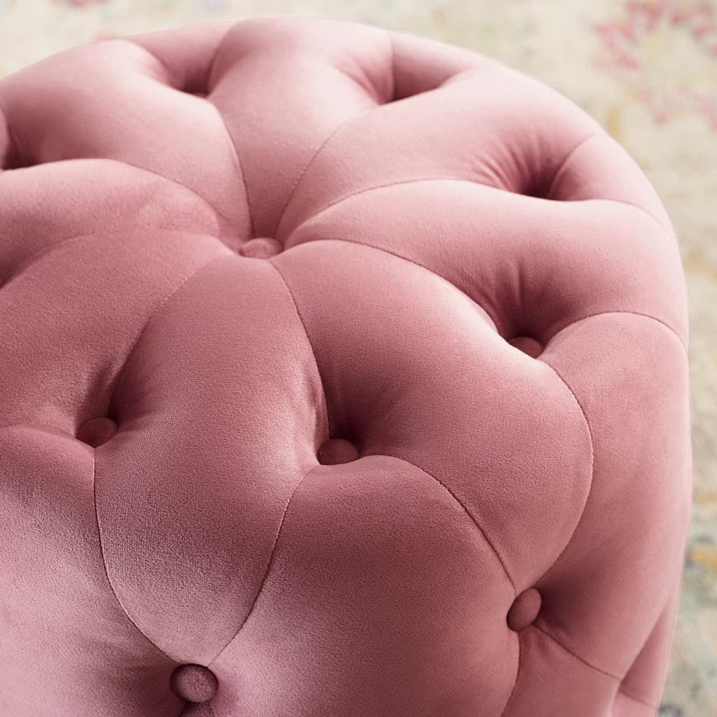 Amour Tufted Button Round Performance Velvet Ottoman - Dusty Rose