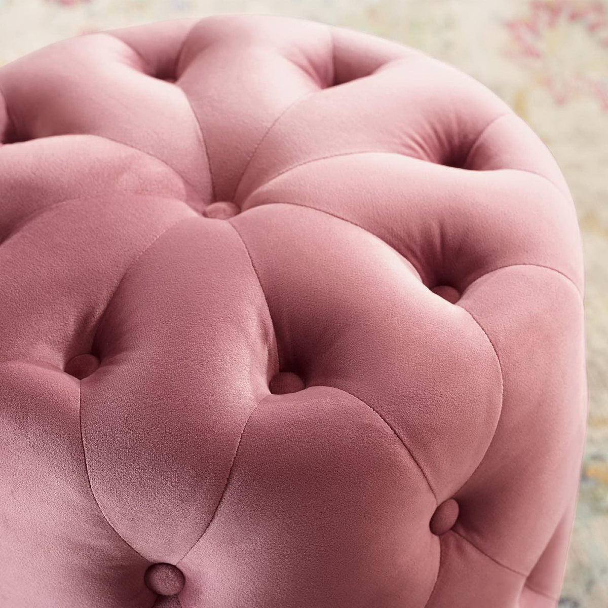 Amour Tufted Button Round Performance Velvet Ottoman - Dusty Rose