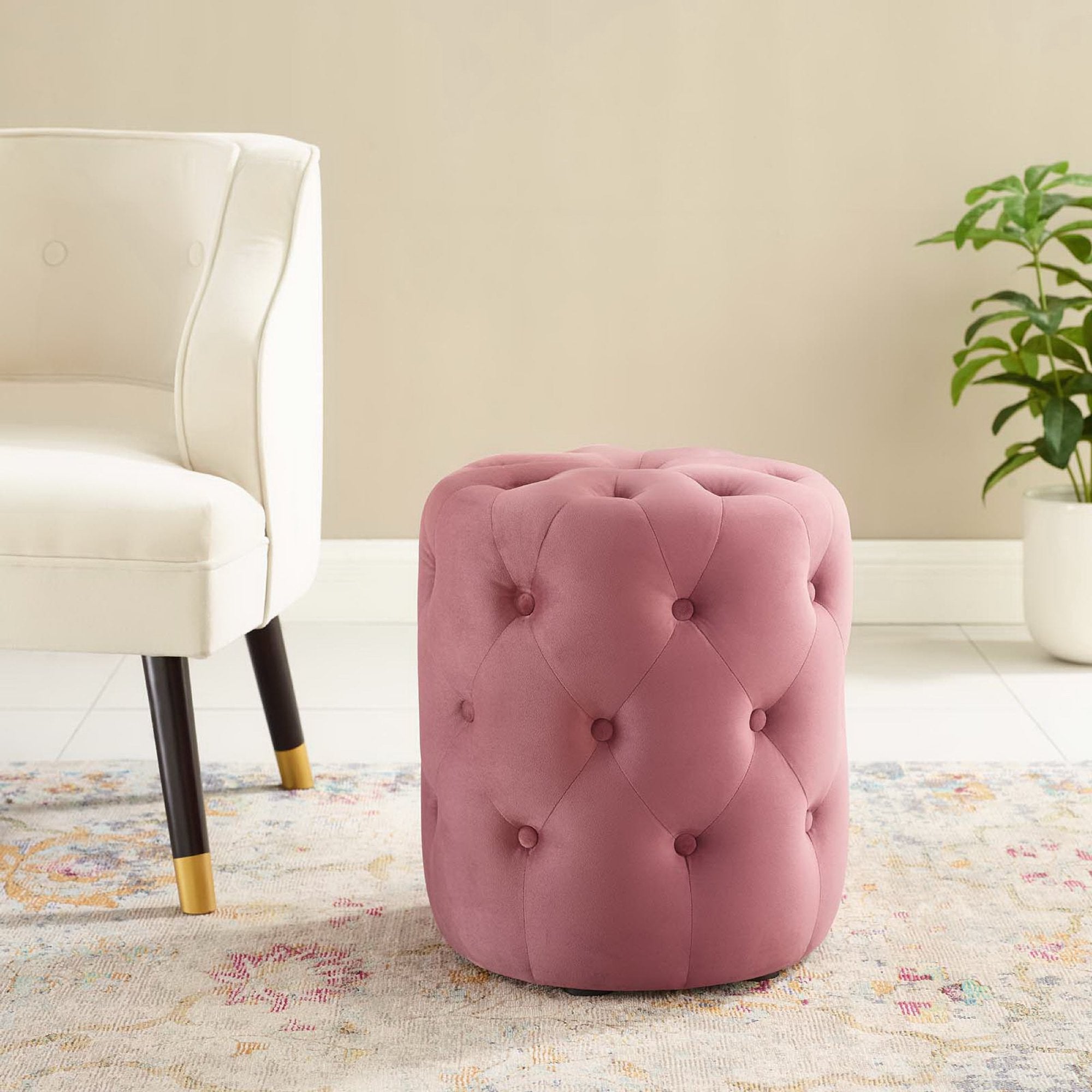 Amour Tufted Button Round Performance Velvet Ottoman - Dusty Rose