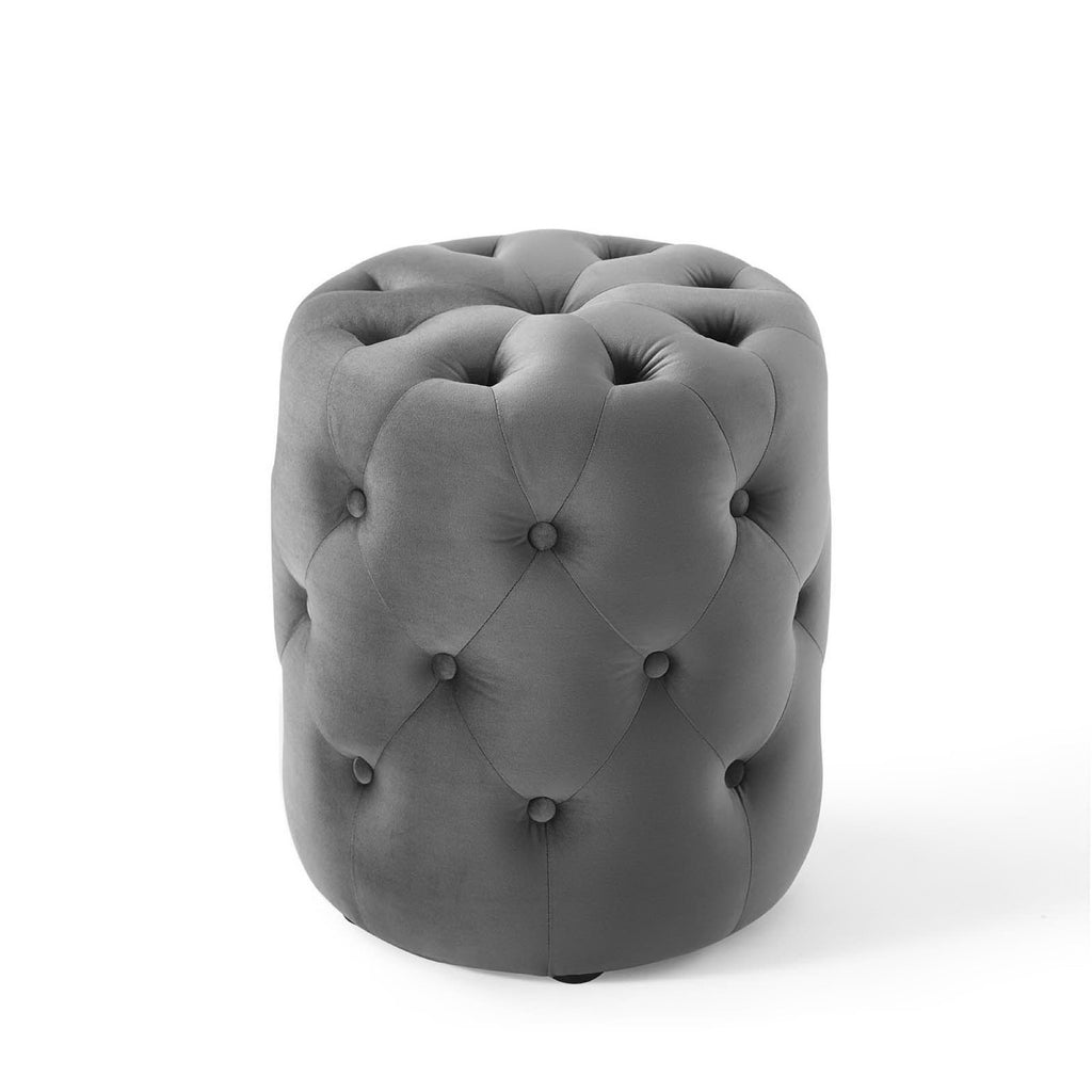 Amour Tufted Button Round Performance Velvet Ottoman - Gray
