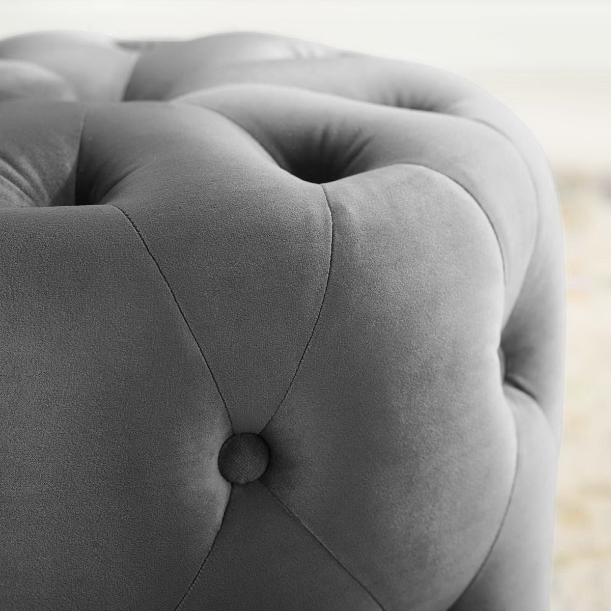 Amour Tufted Button Round Performance Velvet Ottoman - Gray