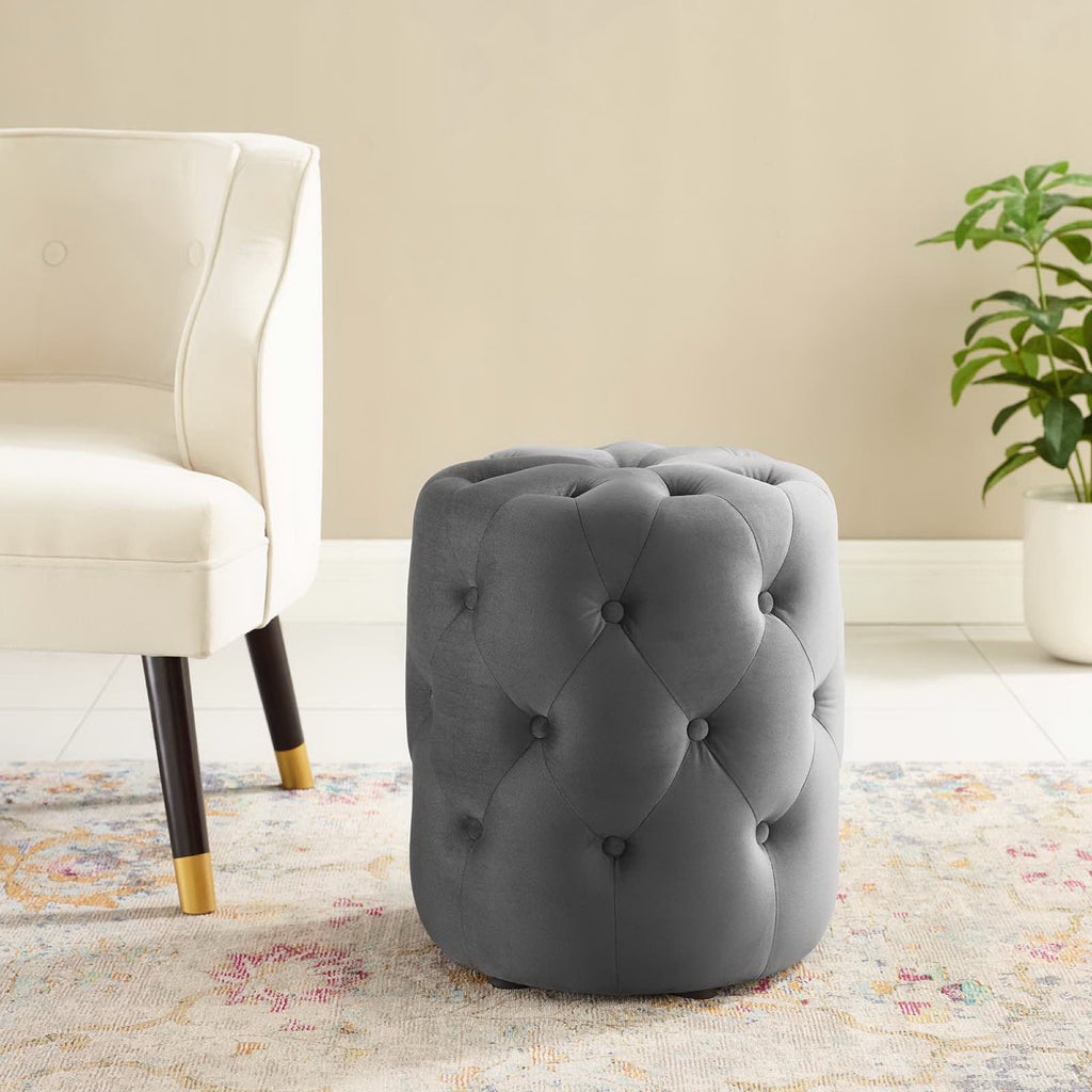 Amour Tufted Button Round Performance Velvet Ottoman - Gray