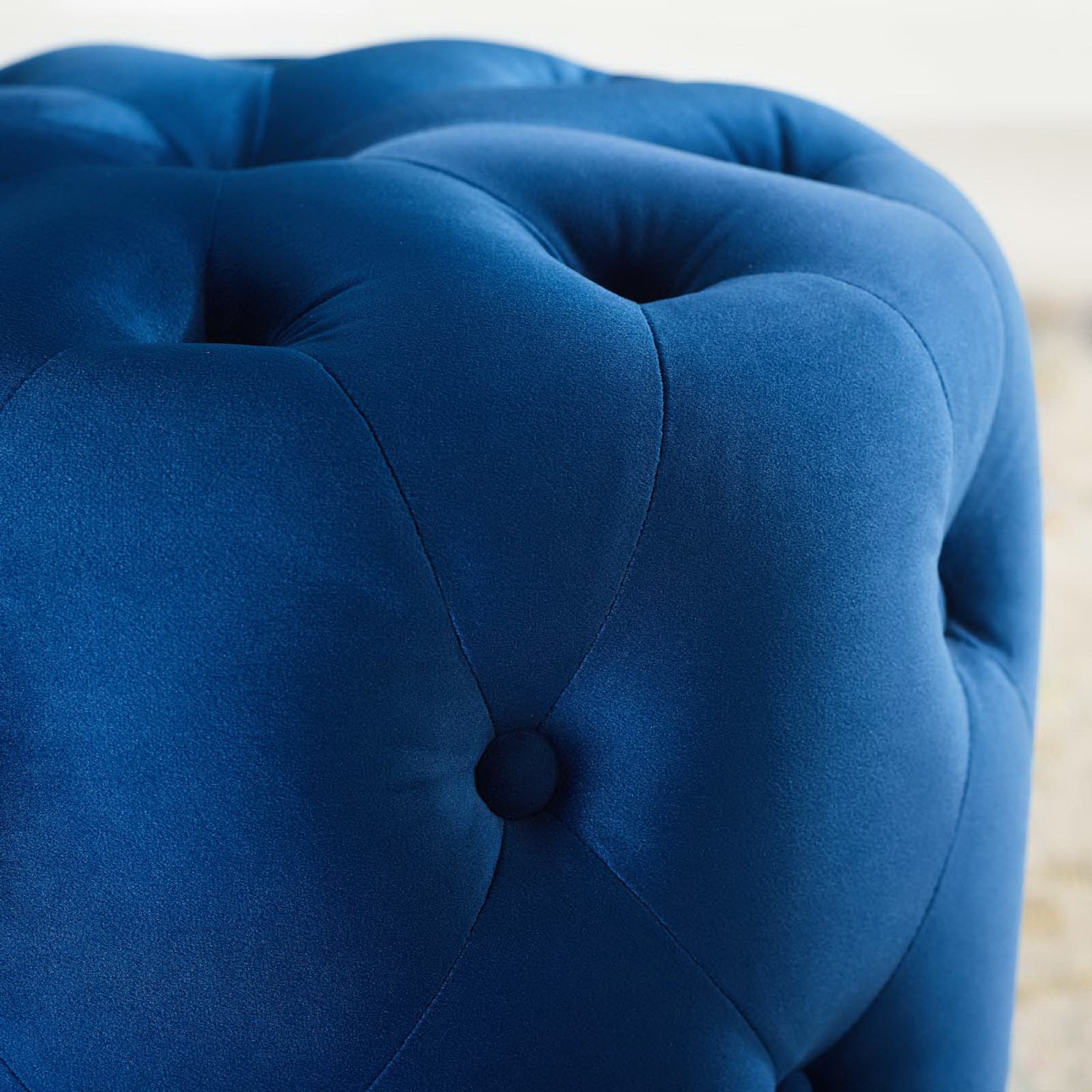 Amour Tufted Button Round Performance Velvet Ottoman - Navy