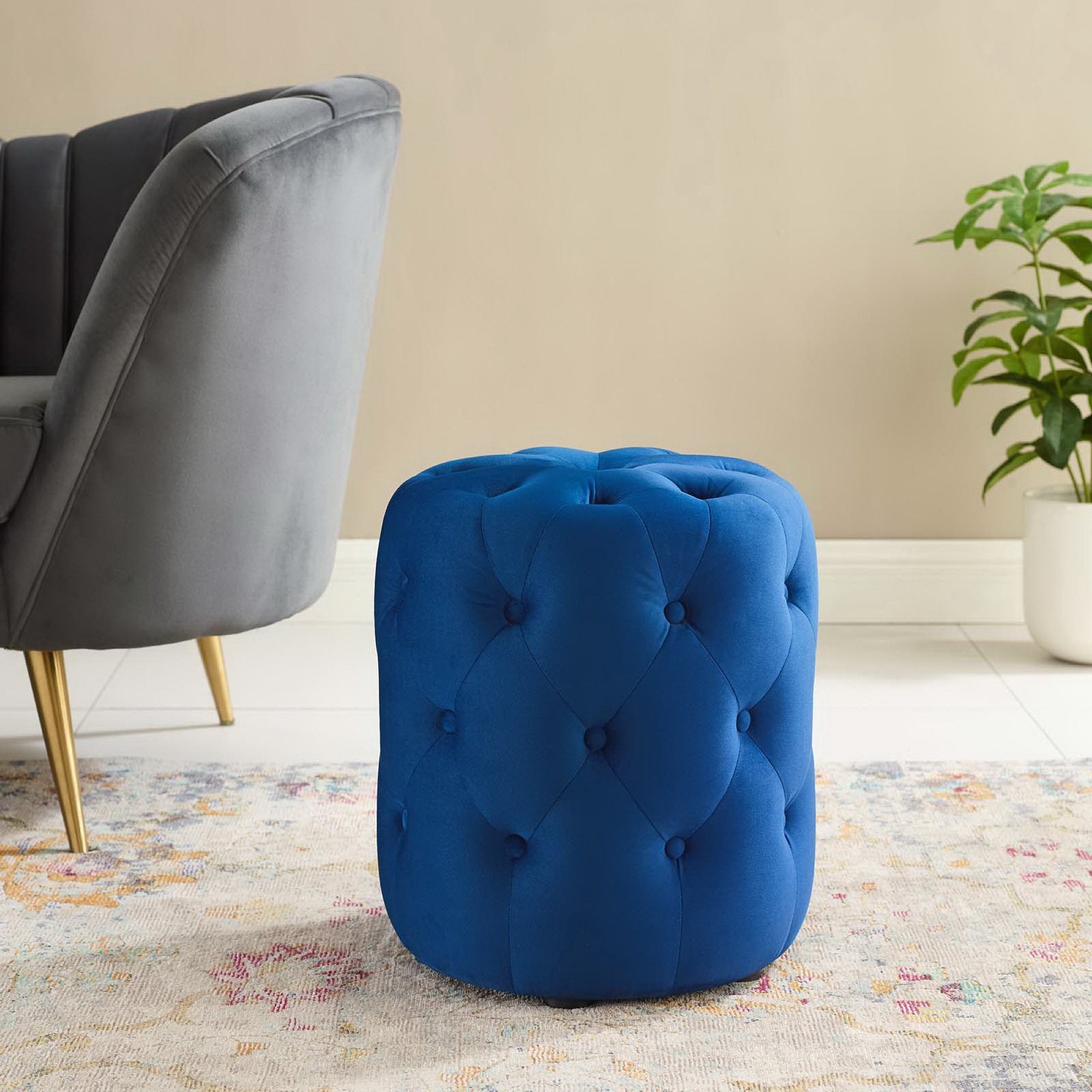 Amour Tufted Button Round Performance Velvet Ottoman - Navy