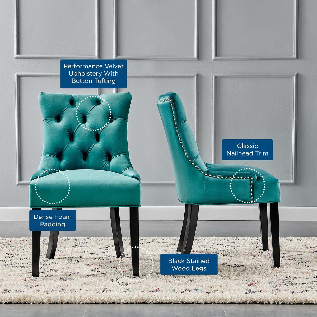 Regent Tufted Performance Velvet Dining Side Chairs Set of 2 - Teal