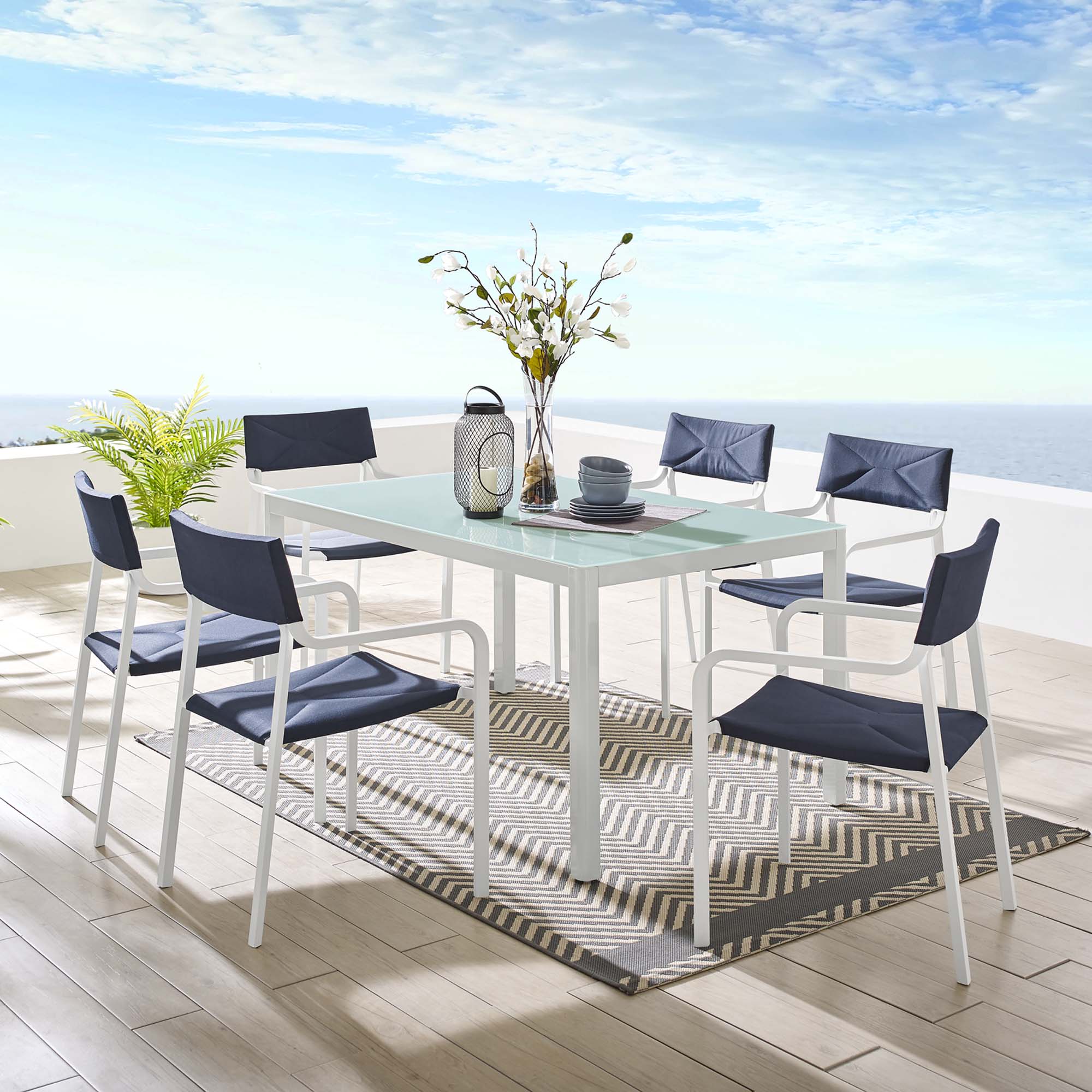 Raleigh 7 Piece Outdoor Patio Aluminum Dining Set - White Navy