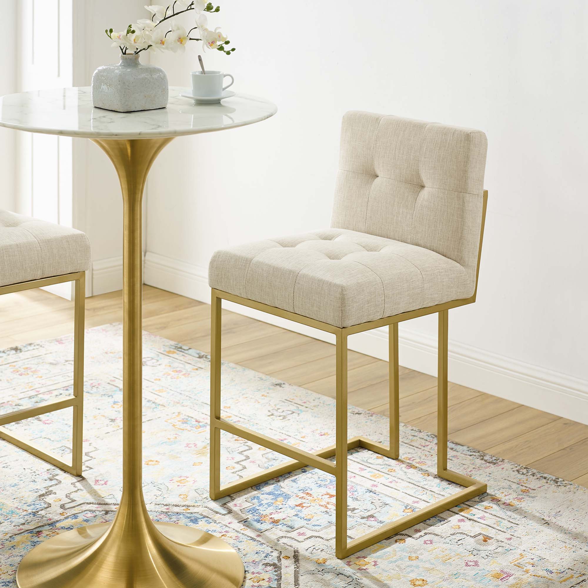 Privy Gold Stainless Steel Upholstered Fabric Counter Stool - Gold Beige