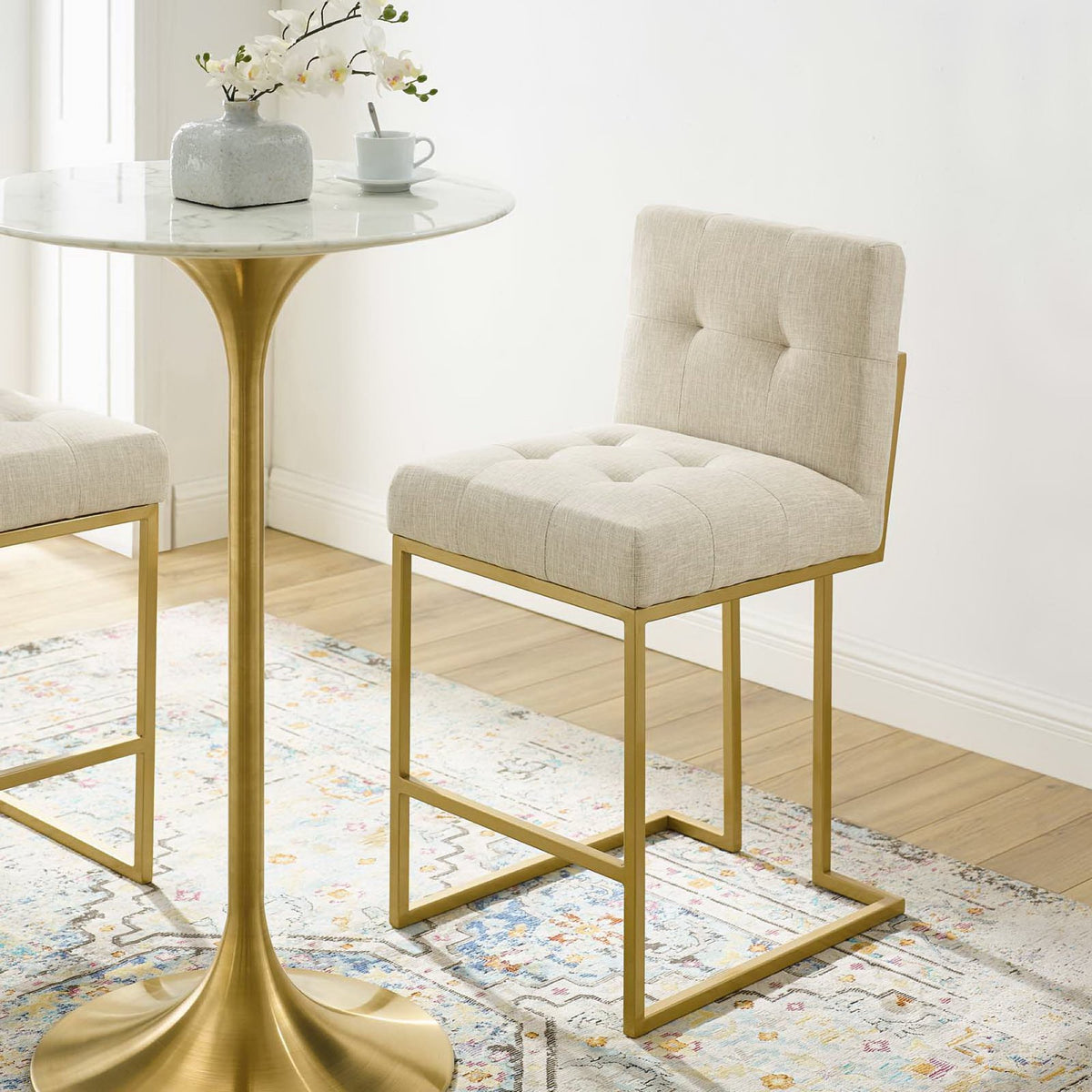 Privy Gold Stainless Steel Upholstered Fabric Counter Stool - Gold Beige