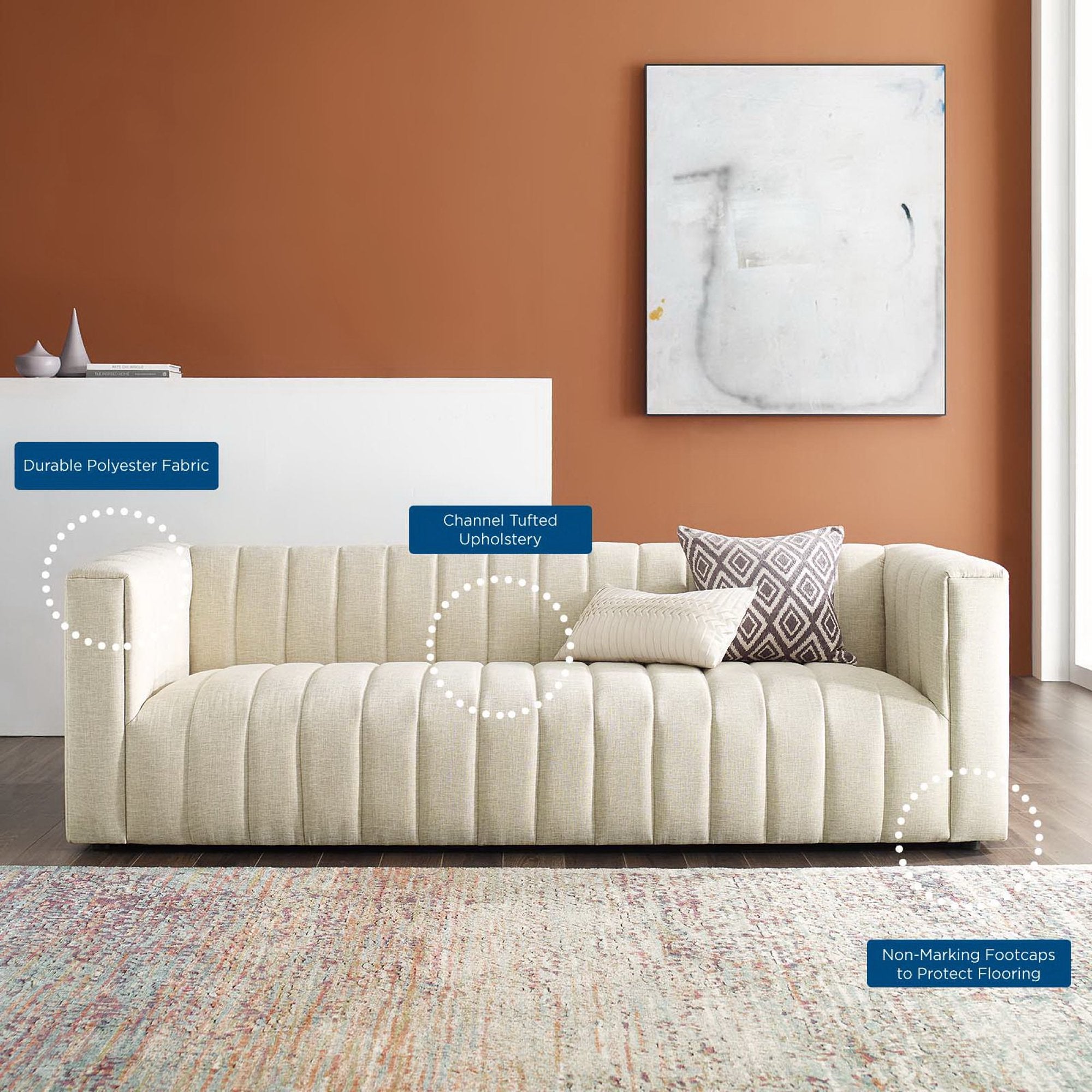 Reflection Channel Tufted Upholstered Fabric Sofa - Beige