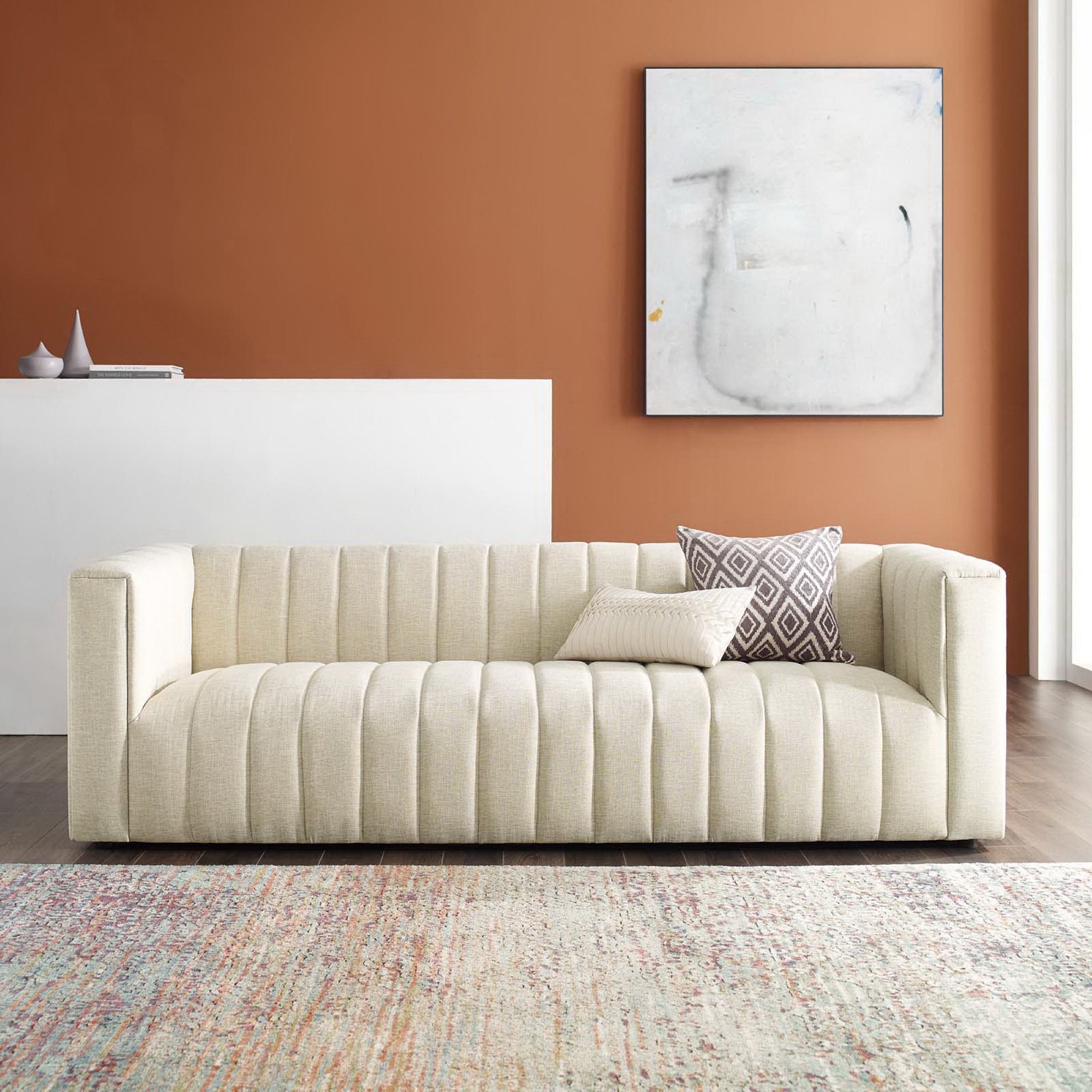 Reflection Channel Tufted Upholstered Fabric Sofa - Beige