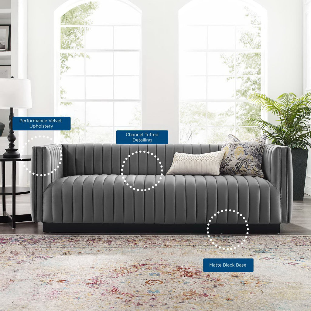 Conjure Channel Tufted Velvet Sofa - Gray