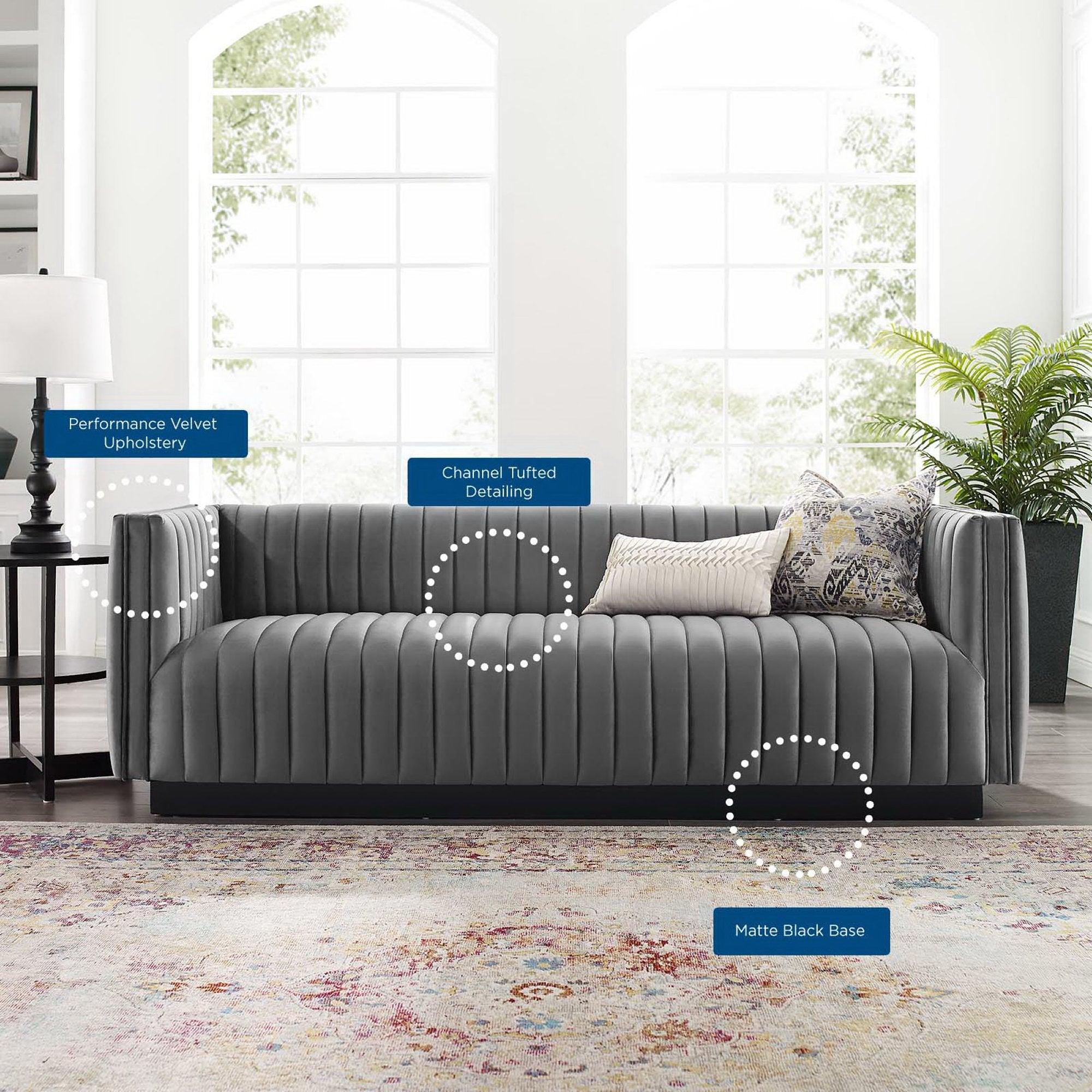 Conjure Channel Tufted Velvet Sofa - Gray