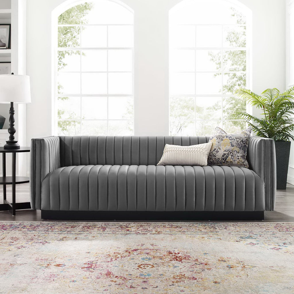 Conjure Channel Tufted Velvet Sofa - Gray