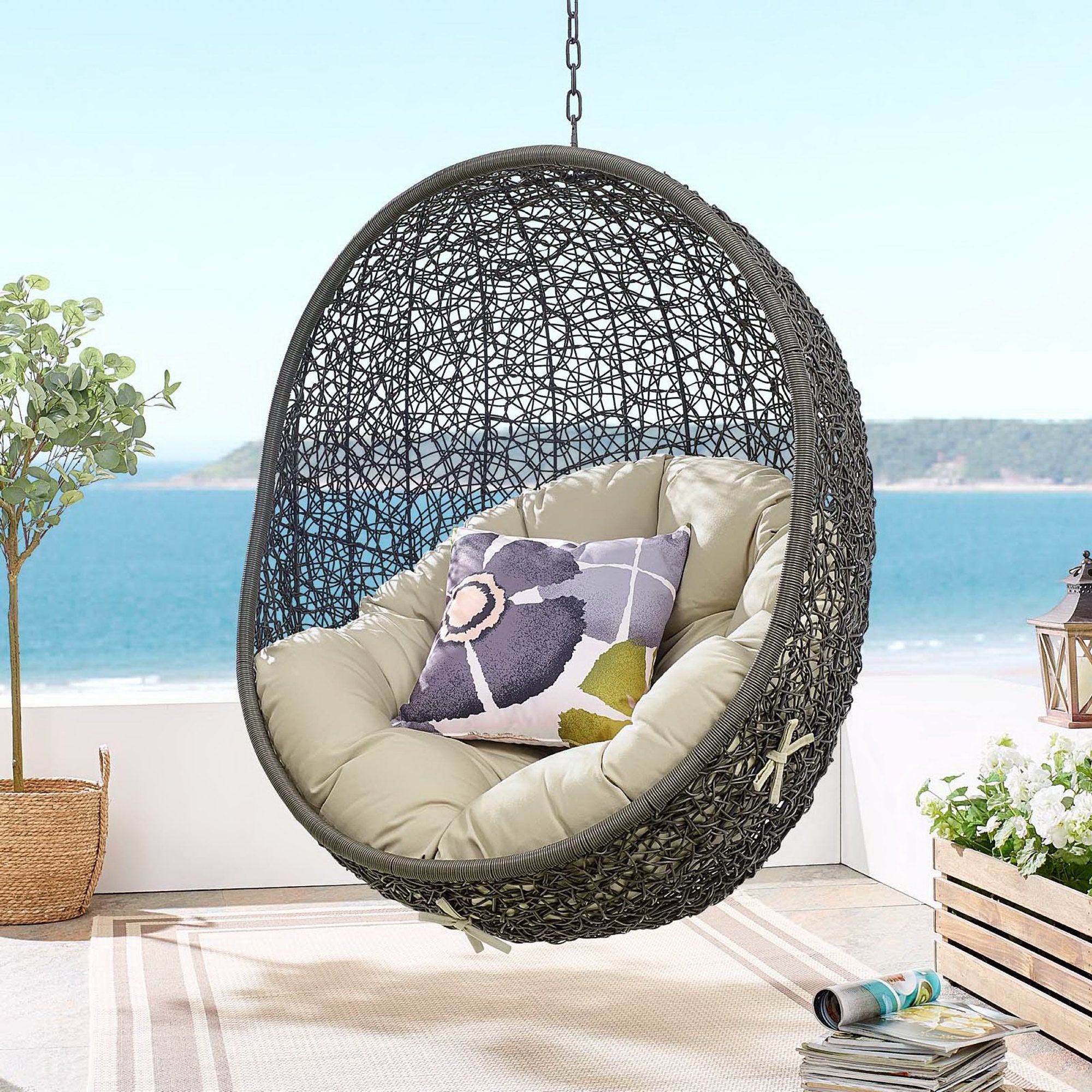 Hide Outdoor Patio Sunbrella Swing Chair With Stand - Gray Beige