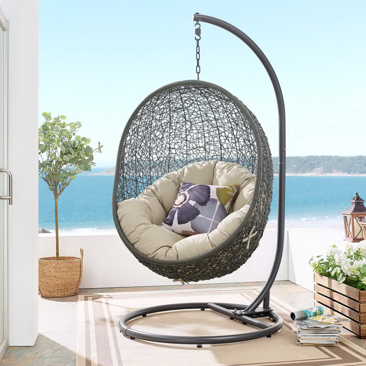 Hide Outdoor Patio Sunbrella Swing Chair With Stand - Gray Beige