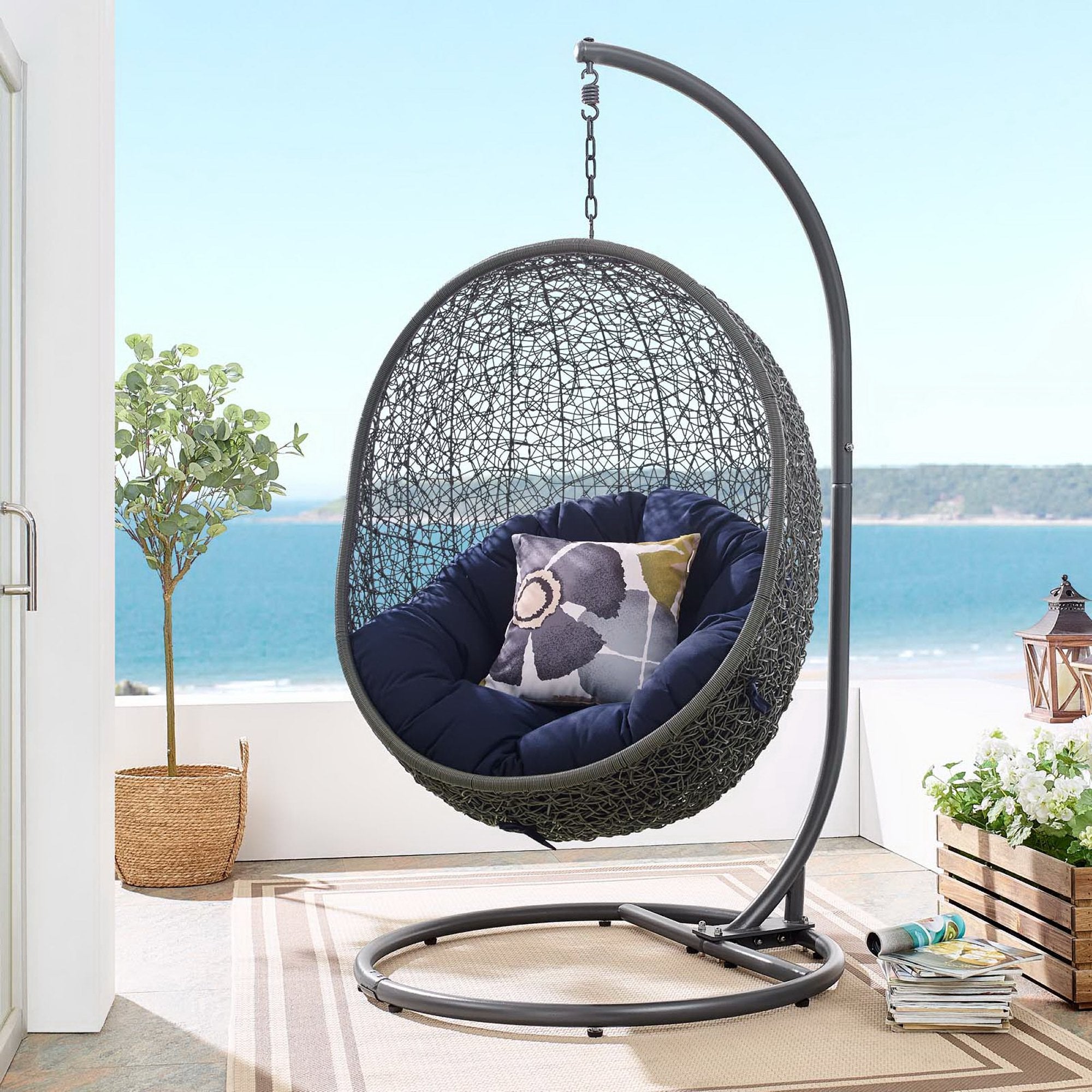 Hide Outdoor Patio Sunbrella Swing Chair With Stand - Gray Navy