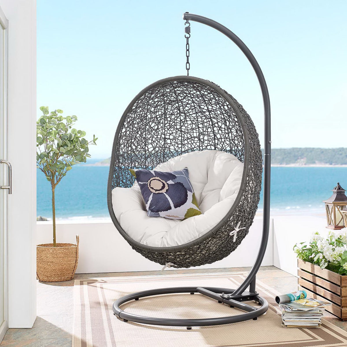Hide Outdoor Patio Sunbrella Swing Chair With Stand - Gray White