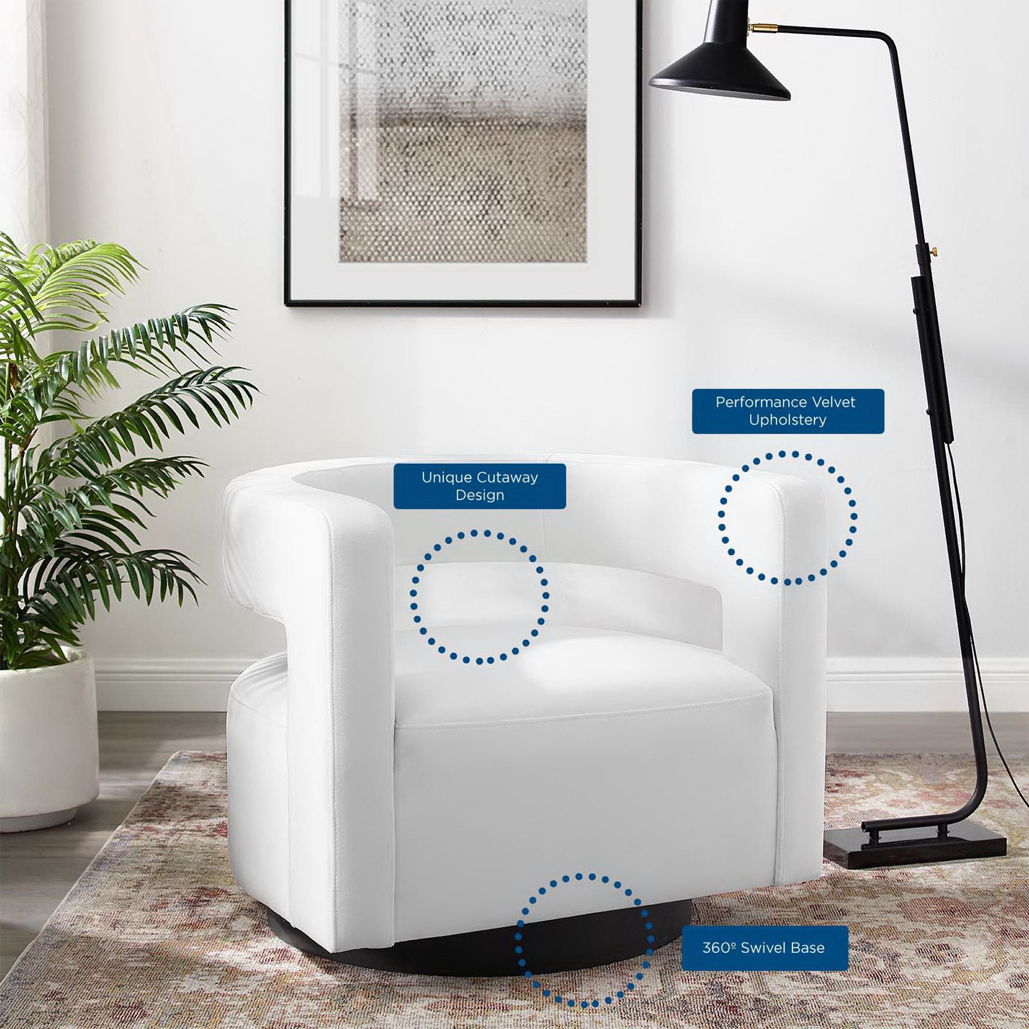 Spin Cutaway Performance Velvet Swivel Armchair - White
