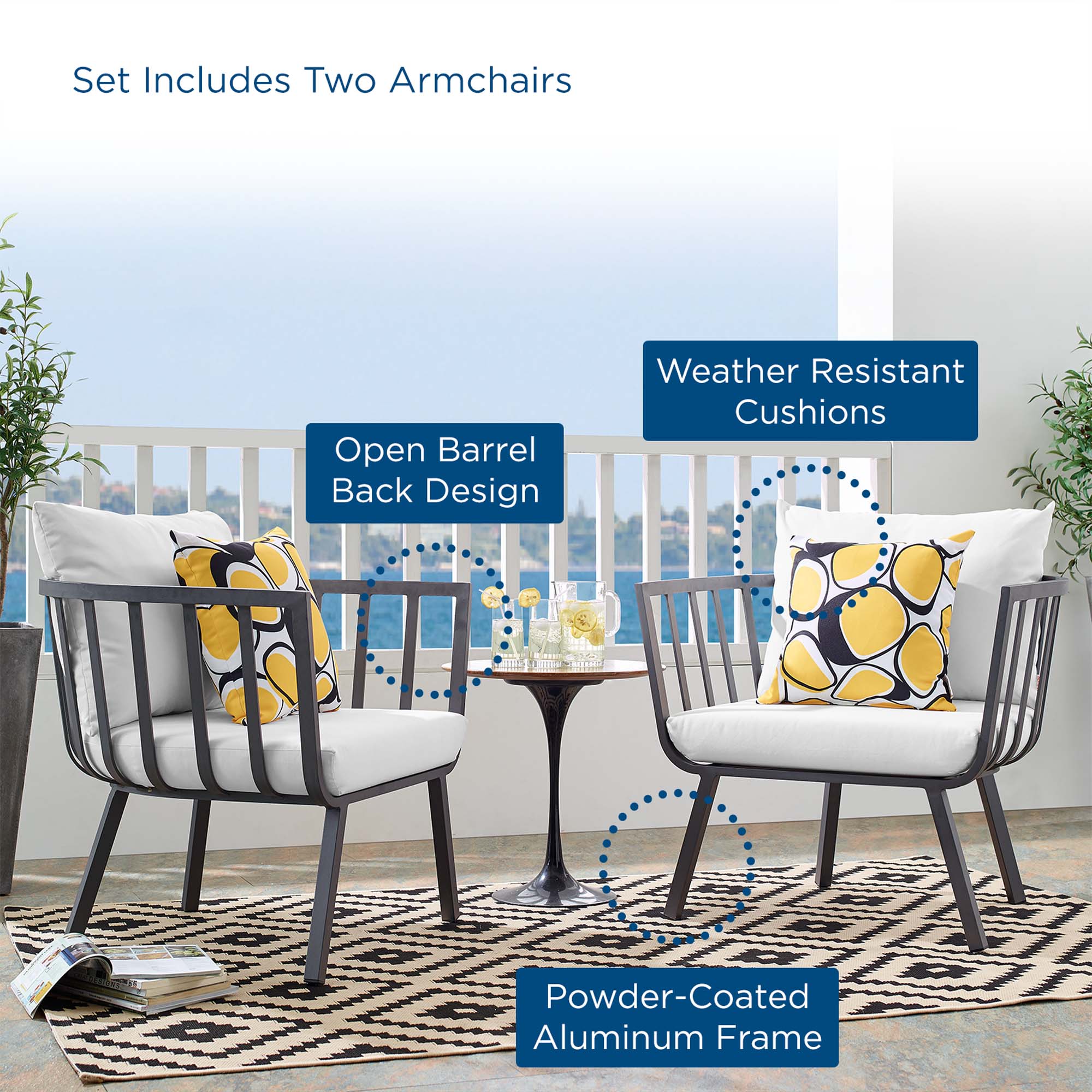 Riverside Outdoor Patio Aluminum Armchair Set of 2 - Gray White