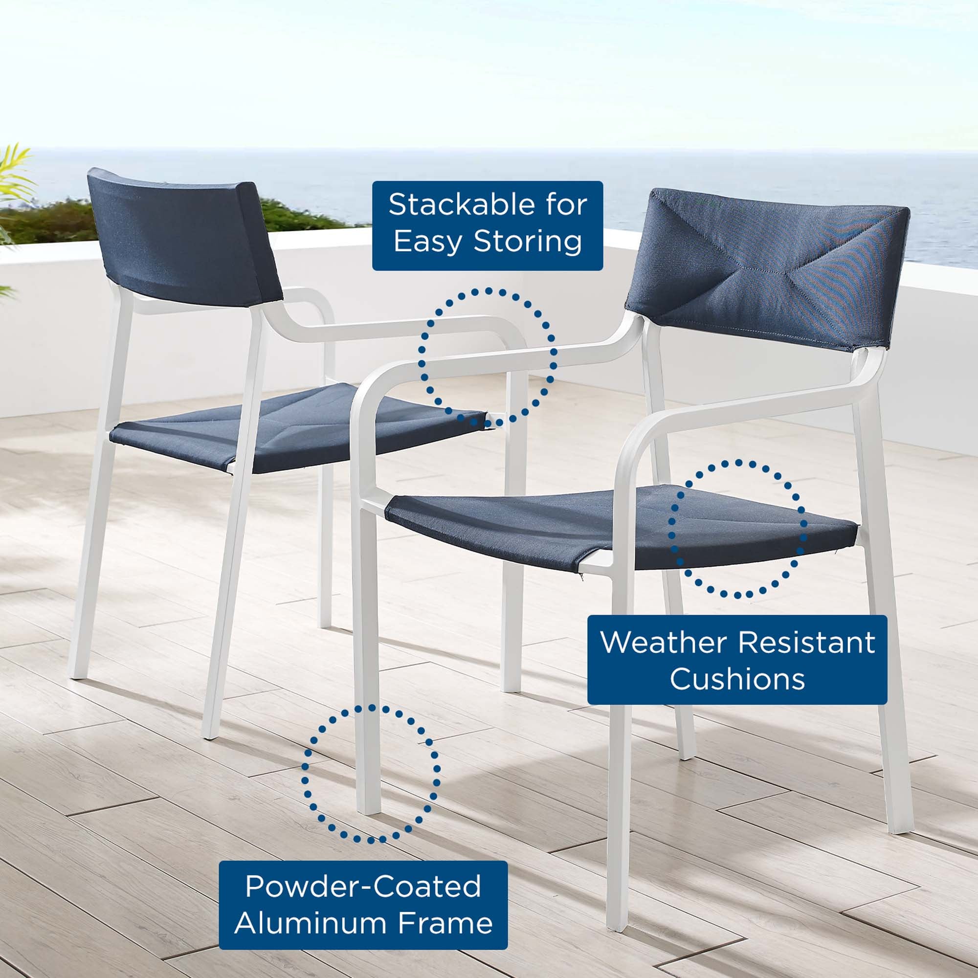 Raleigh Outdoor Patio Aluminum Armchair Set of 2 - White Navy
