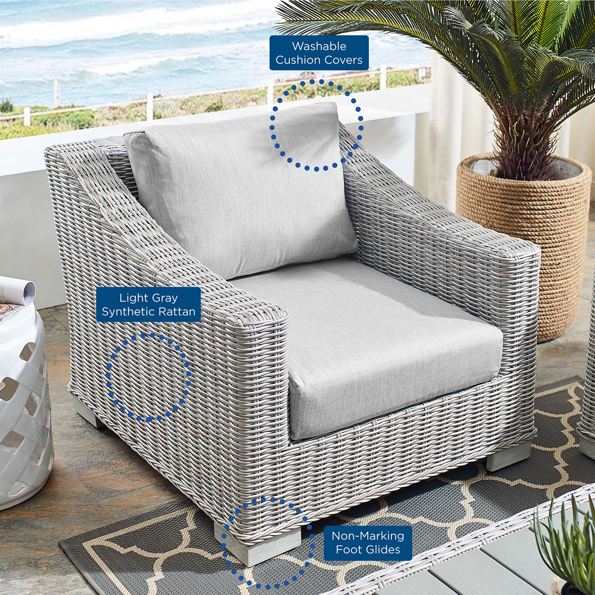 Conway Sunbrella Outdoor Patio Wicker Rattan Armchair - Light Gray Gray