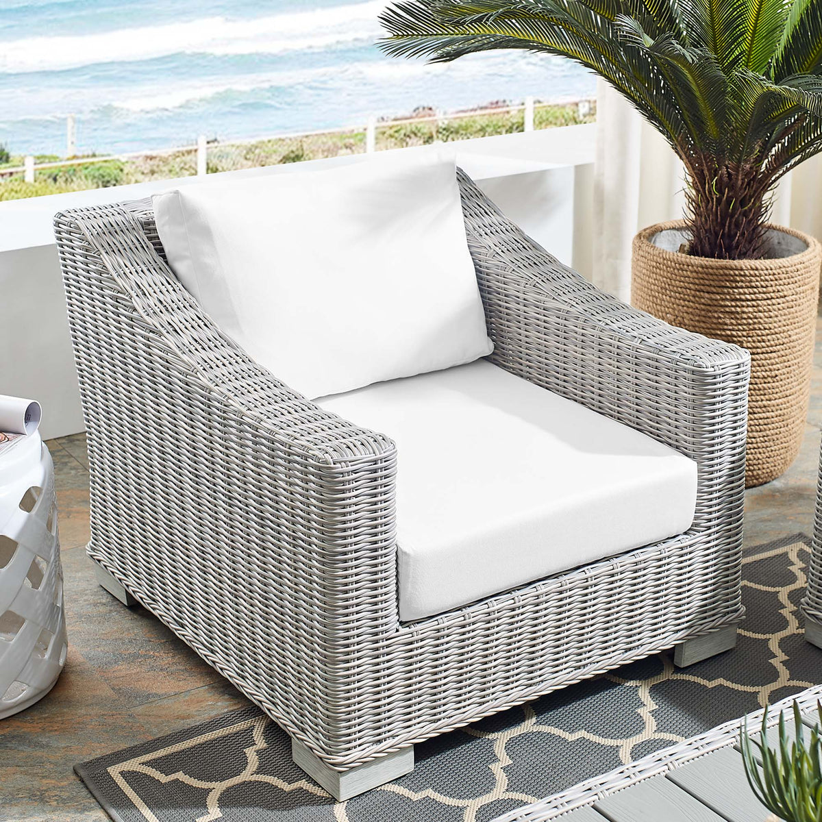 Conway Sunbrella Outdoor Patio Wicker Rattan Armchair - Light Gray White