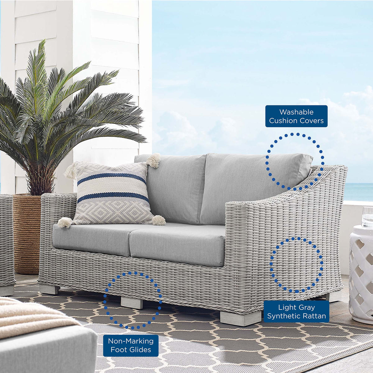 Conway Sunbrella Outdoor Patio Wicker Rattan Loveseat - Light Gray Gray
