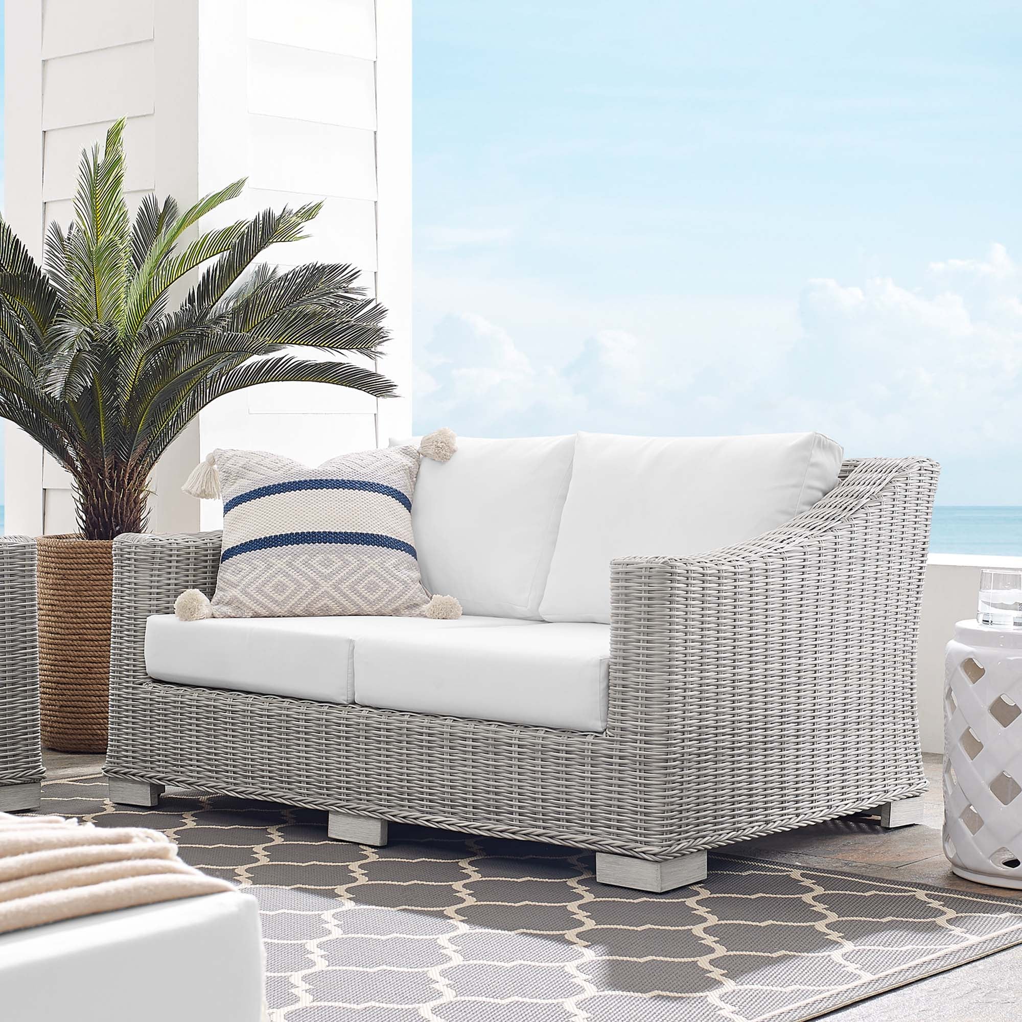 Conway Sunbrella Outdoor Patio Wicker Rattan Loveseat - Light Gray White