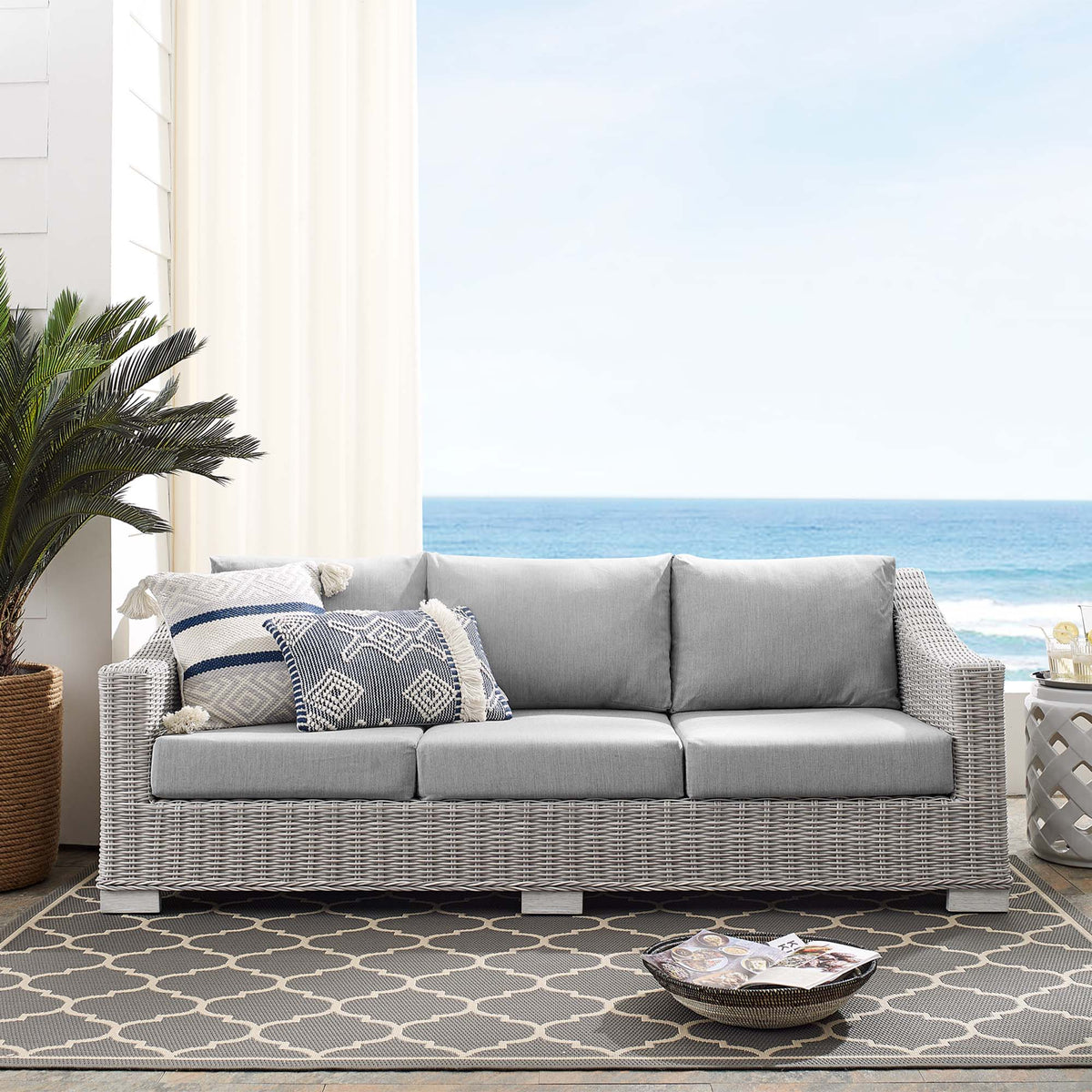 Conway Sunbrella Outdoor Patio Wicker Rattan Sofa - Light Gray Gray
