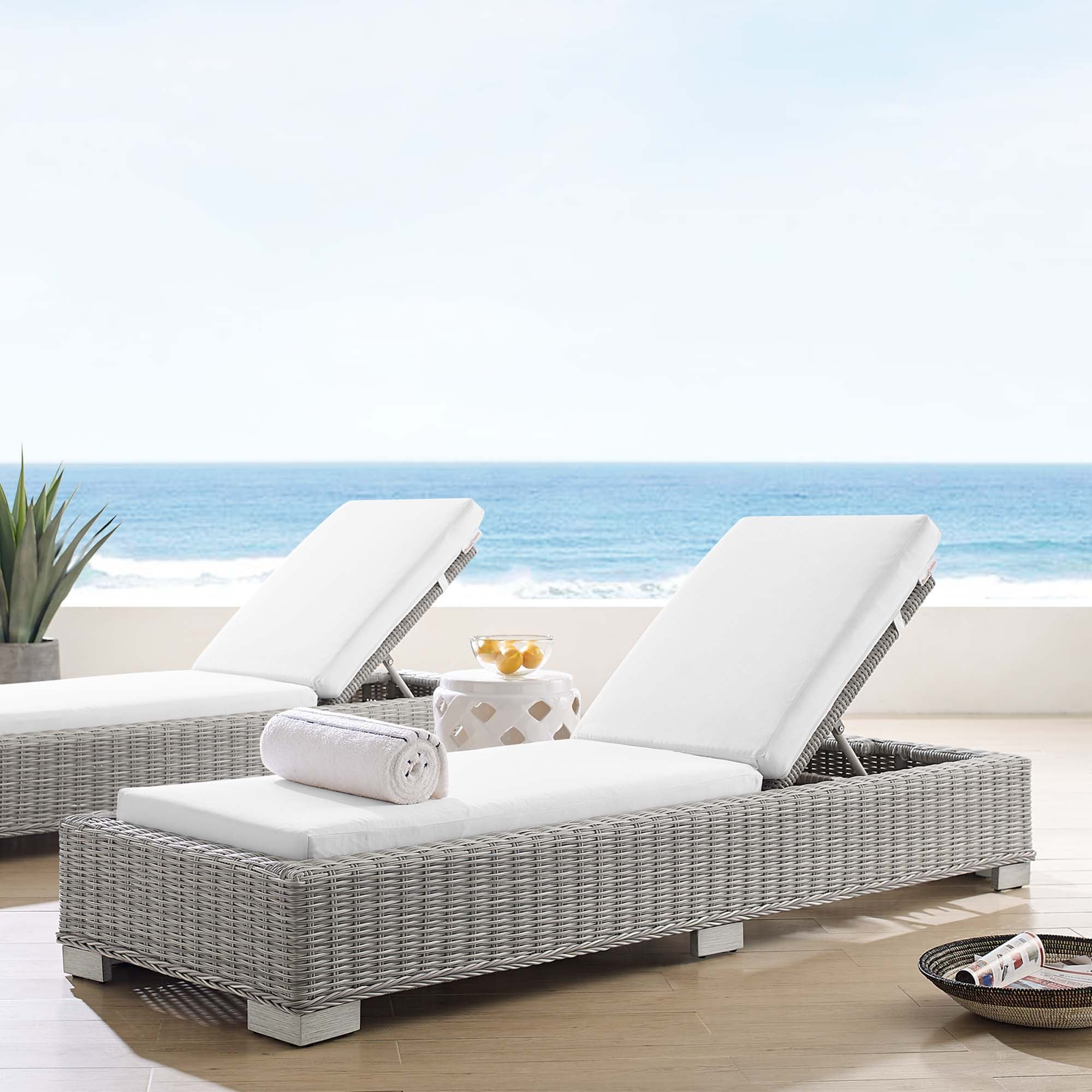 Conway Sunbrella Outdoor Patio Wicker Rattan Chaise Lounge - Light Gray White