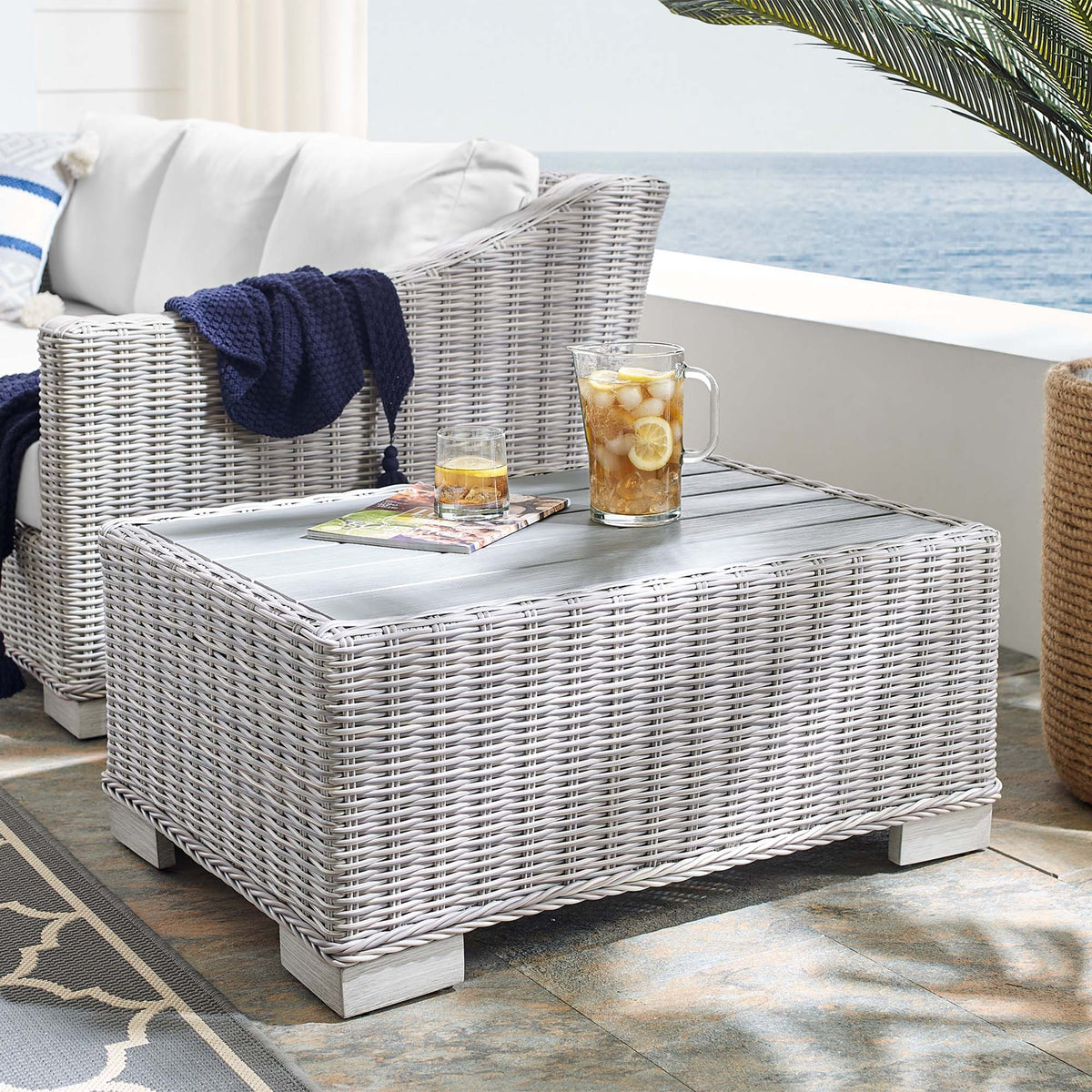 Conway 32" Outdoor Patio Wicker Rattan Coffee Table - Light Gray