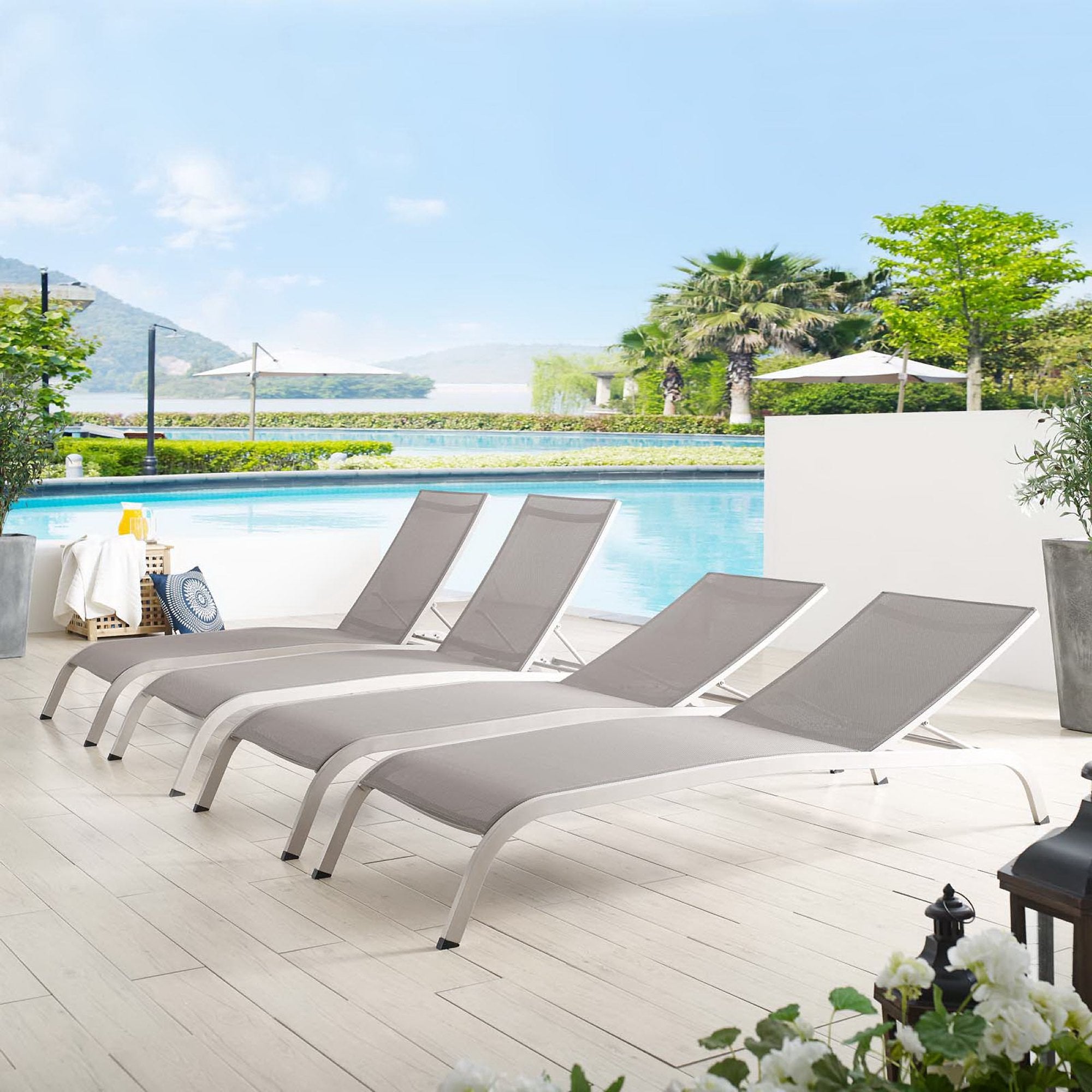 Savannah Outdoor Patio Mesh Chaise Lounge Set of 4 - Gray