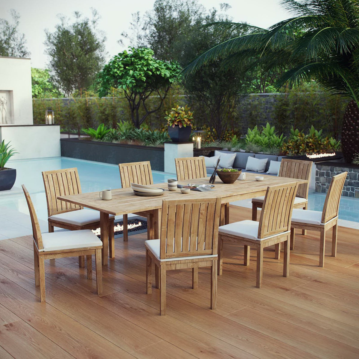 Marina 9 Piece Outdoor Patio Teak Dining Set - Natural White (EEI-4033-NAT-WHI-SET)