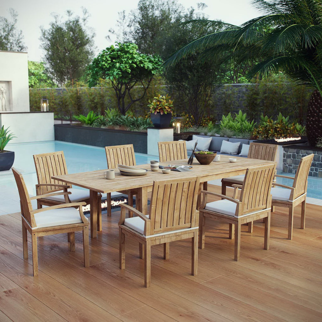 Marina 9 Piece Outdoor Patio Teak Dining Set - Natural White (EEI-4034-NAT-WHI-SET)
