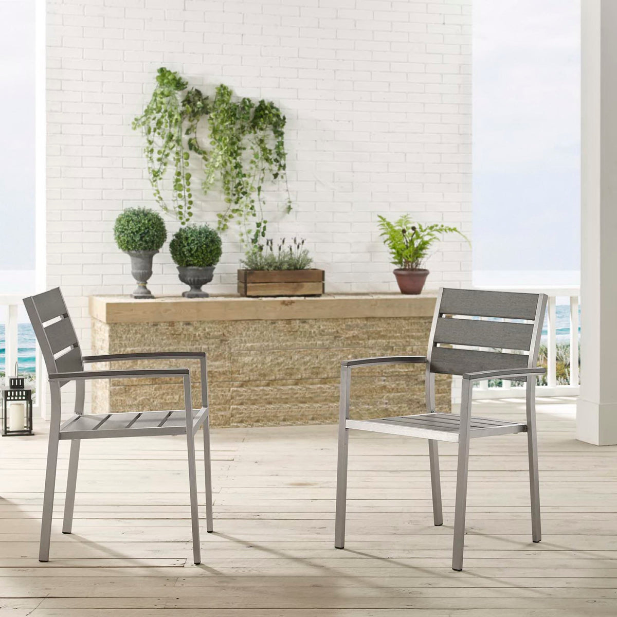 Shore Outdoor Patio Aluminum Dining Armchair Set of 2 - Silver Gray