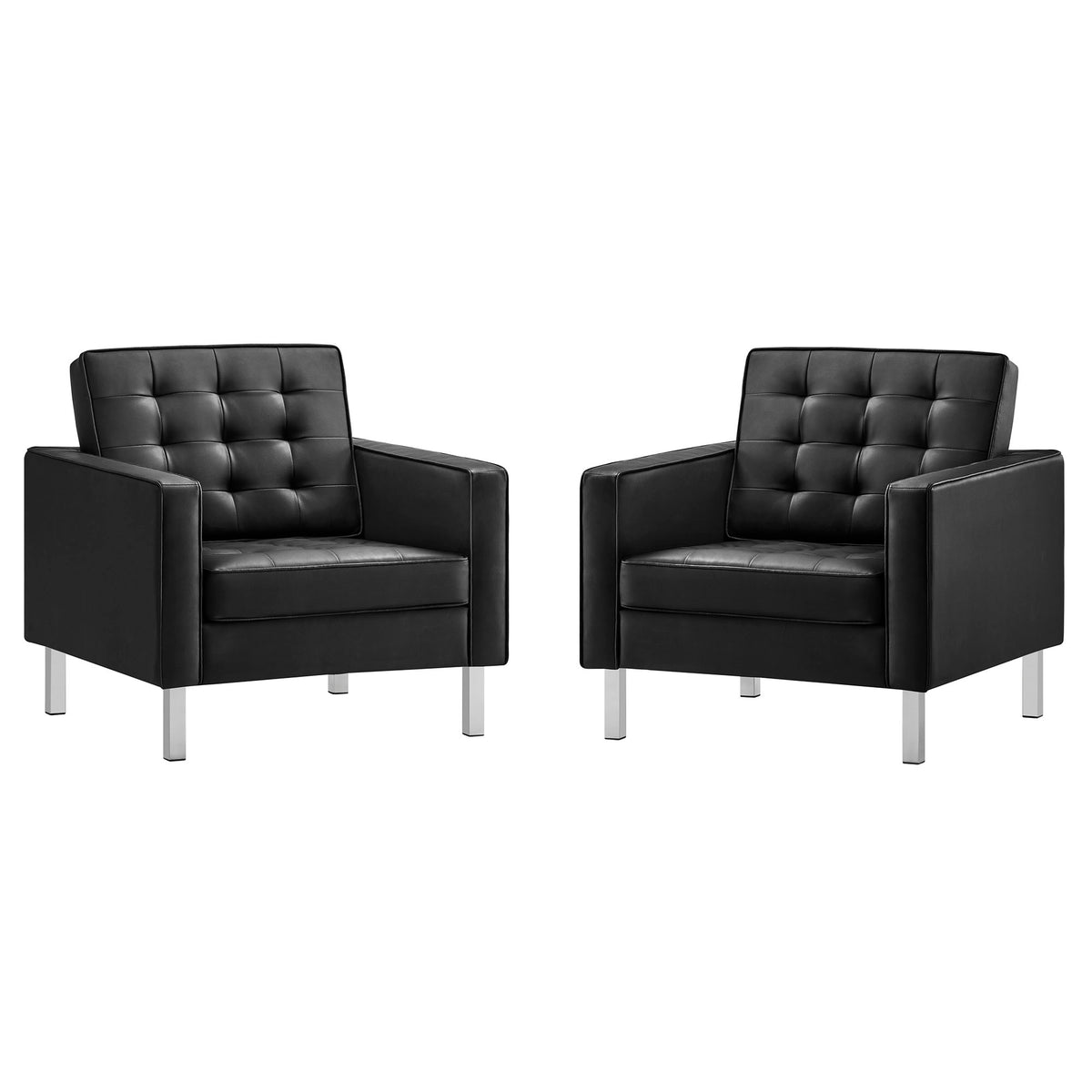 Loft Tufted Vegan Leather Armchairs Set of 2 - Silver Black