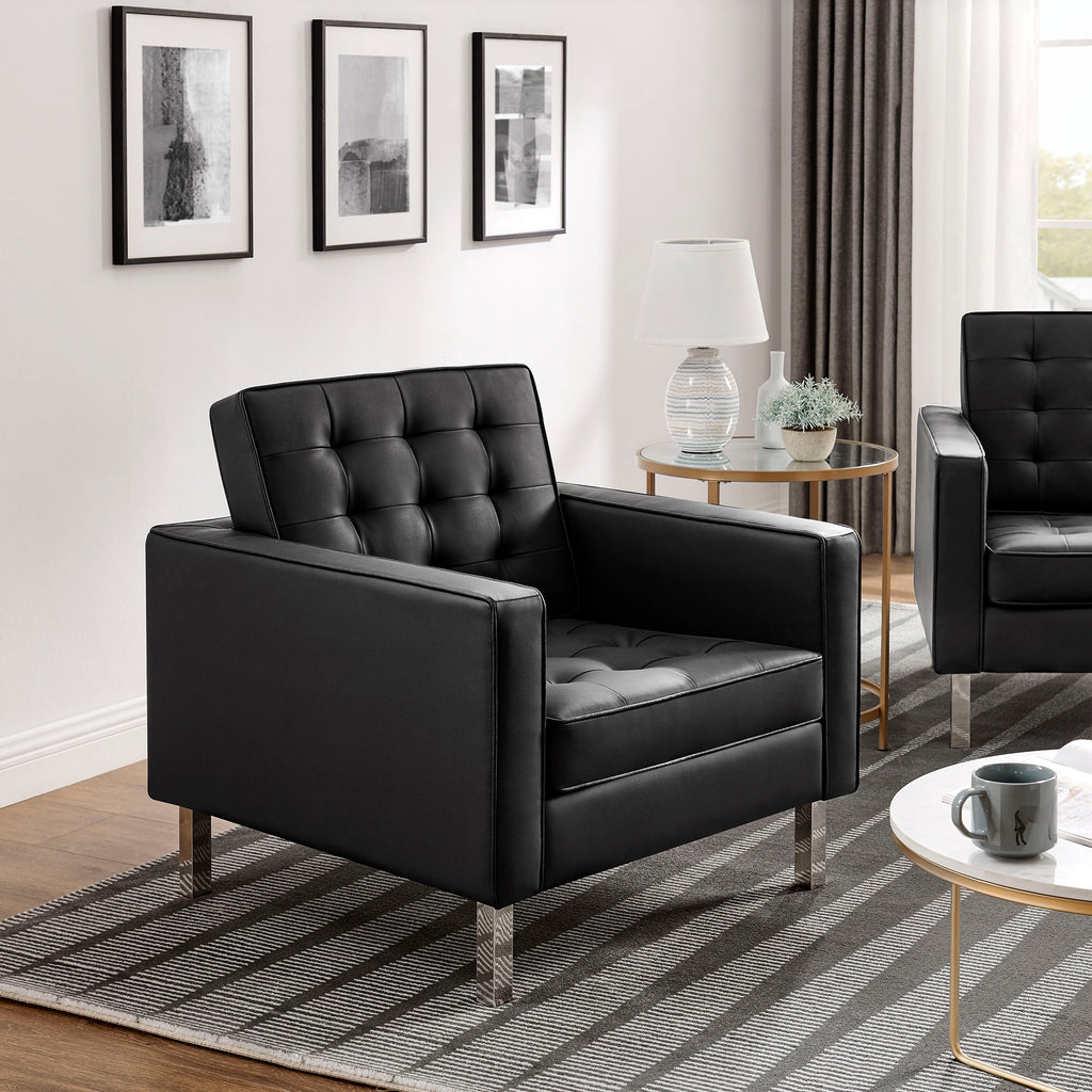 Loft Tufted Vegan Leather Armchairs Set of 2 - Silver Black