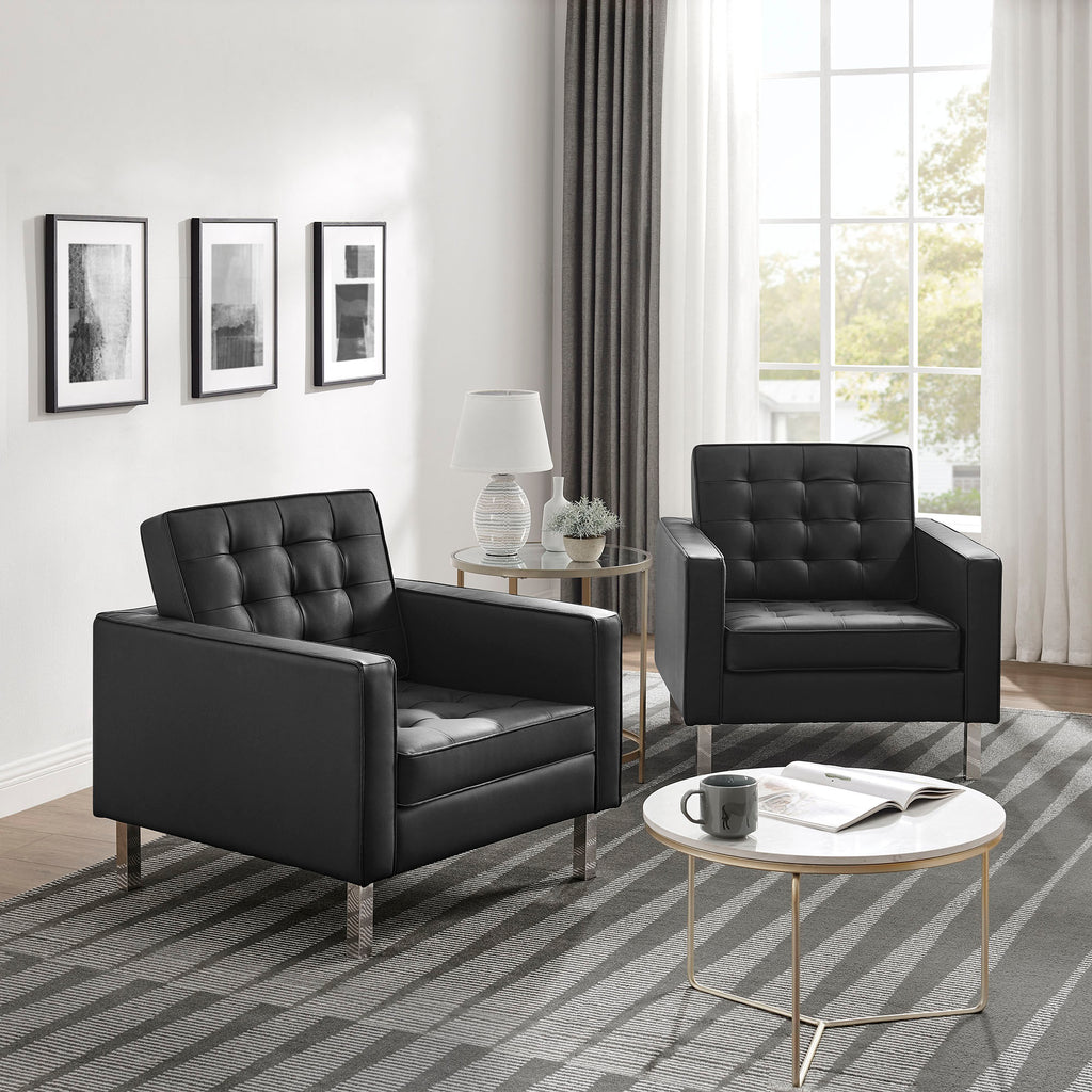 Loft Tufted Vegan Leather Armchairs Set of 2 - Silver Black