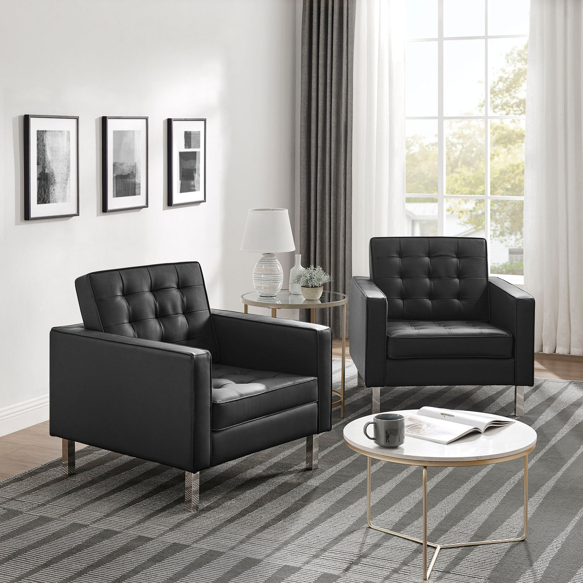 Loft Tufted Vegan Leather Armchairs Set of 2 - Silver Black