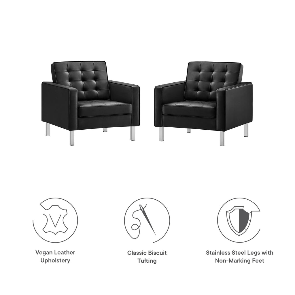 Loft Tufted Vegan Leather Armchairs Set of 2 - Silver Black