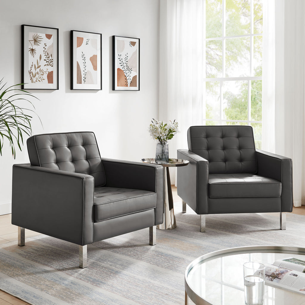 Loft Tufted Vegan Leather Armchairs Set of 2 - Silver Gray