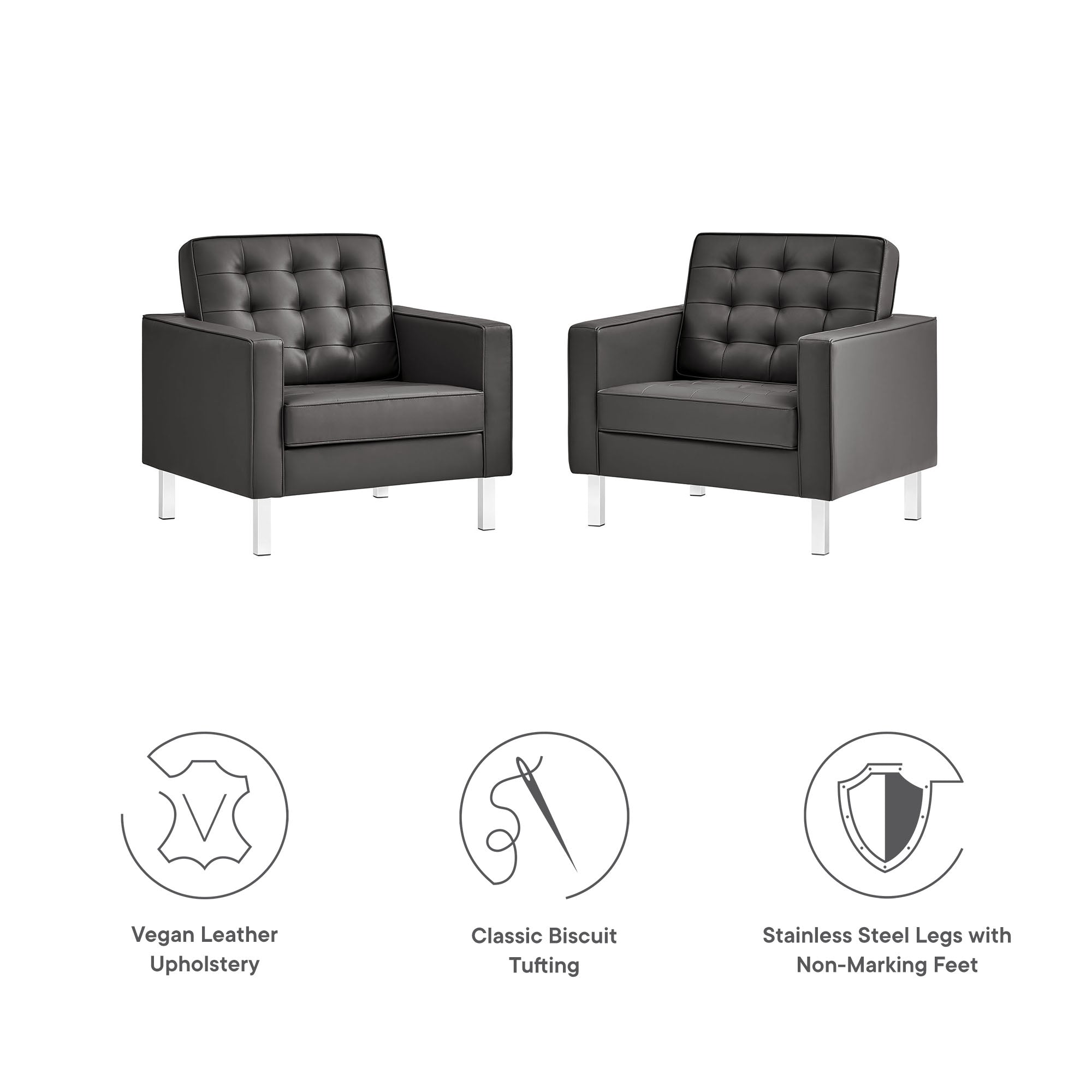 Loft Tufted Vegan Leather Armchairs Set of 2 - Silver Gray