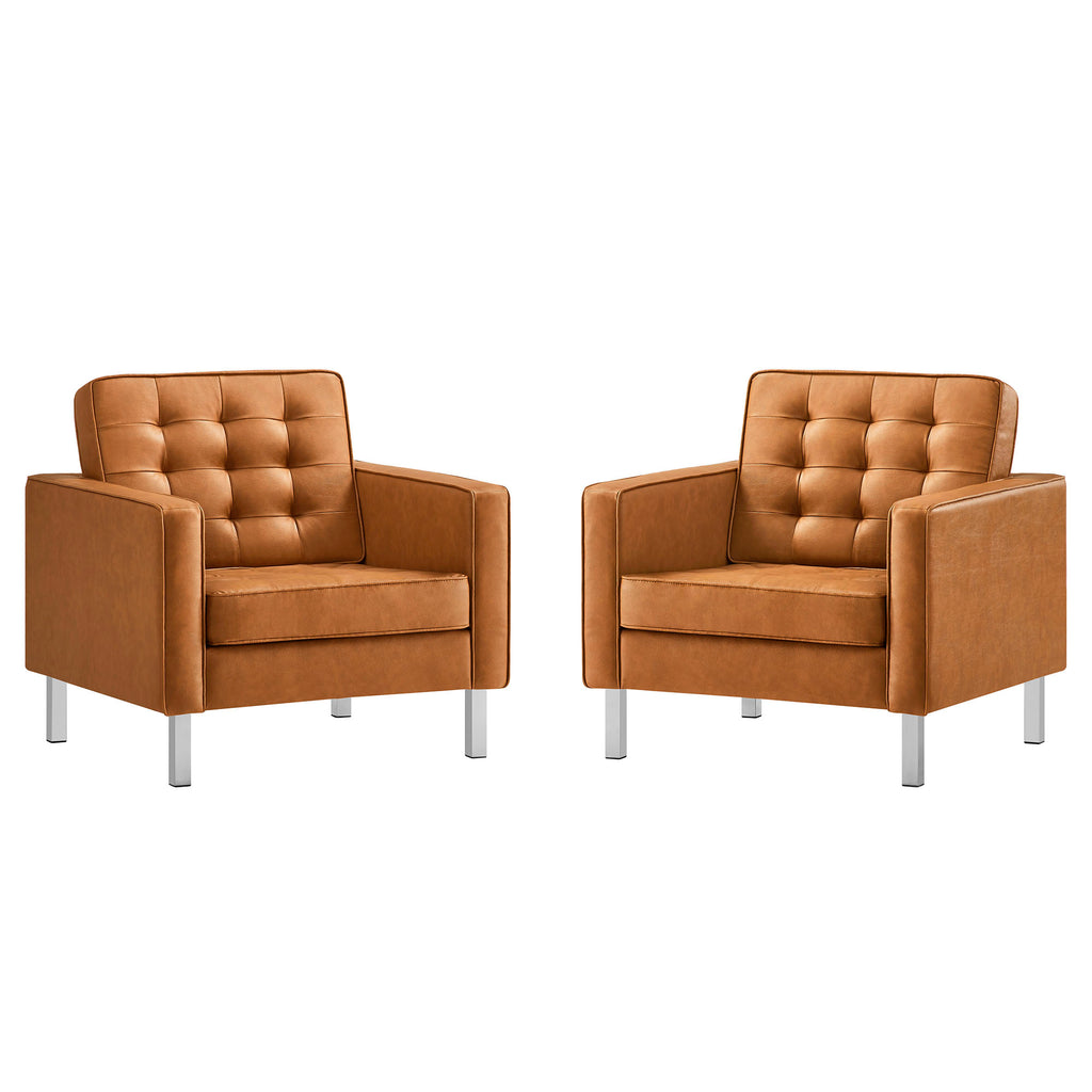 Loft Tufted Vegan Leather Armchairs Set of 2 - Silver Tan