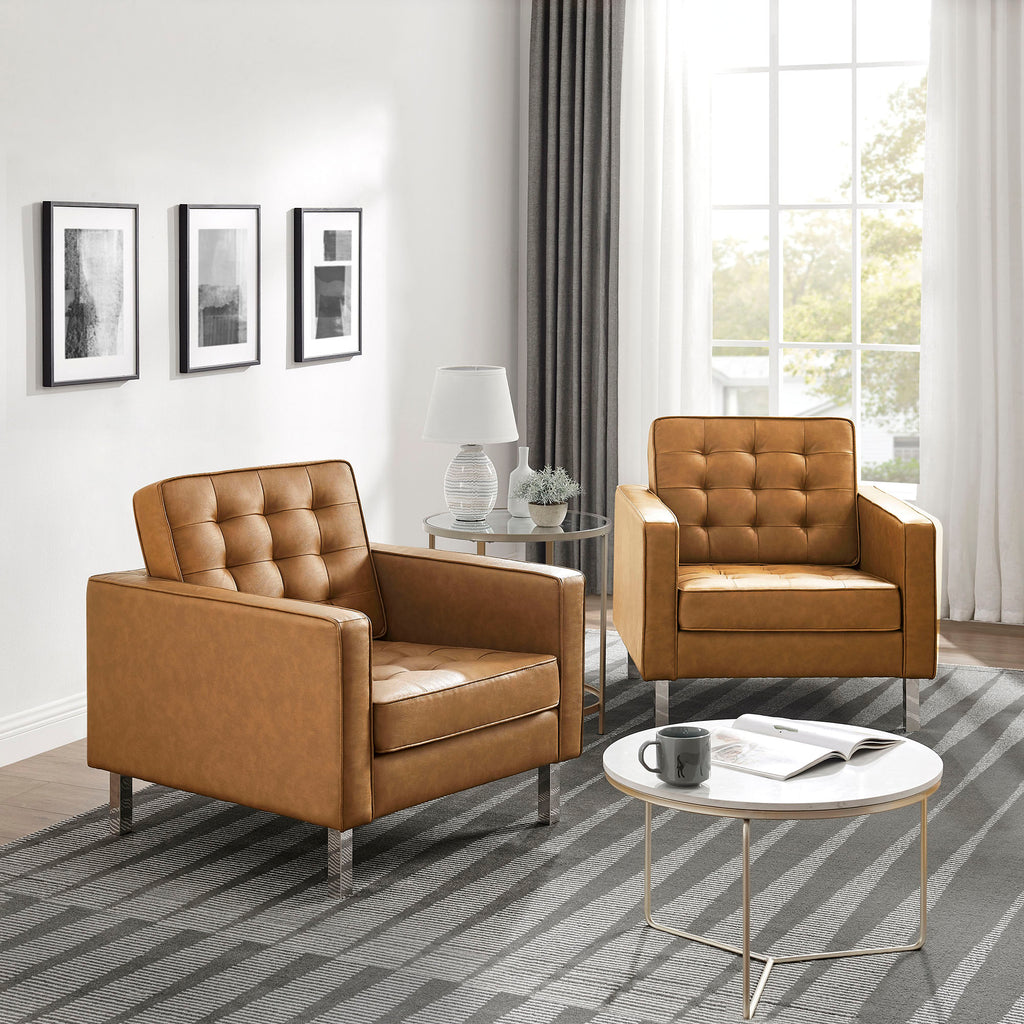 Loft Tufted Vegan Leather Armchairs Set of 2 - Silver Tan